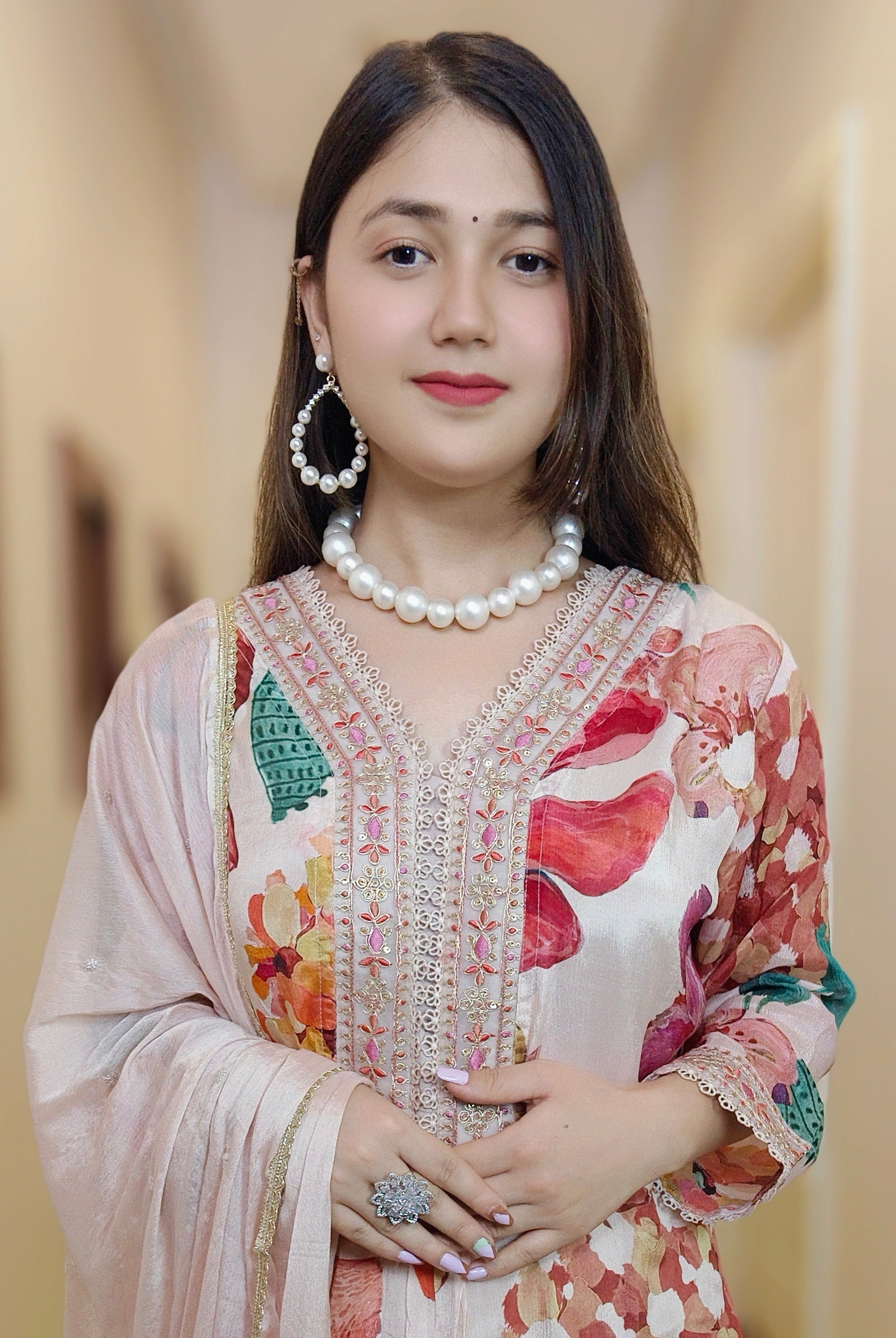 PEACH CHINON FLORAL SUIT SET - RajsiPoshak