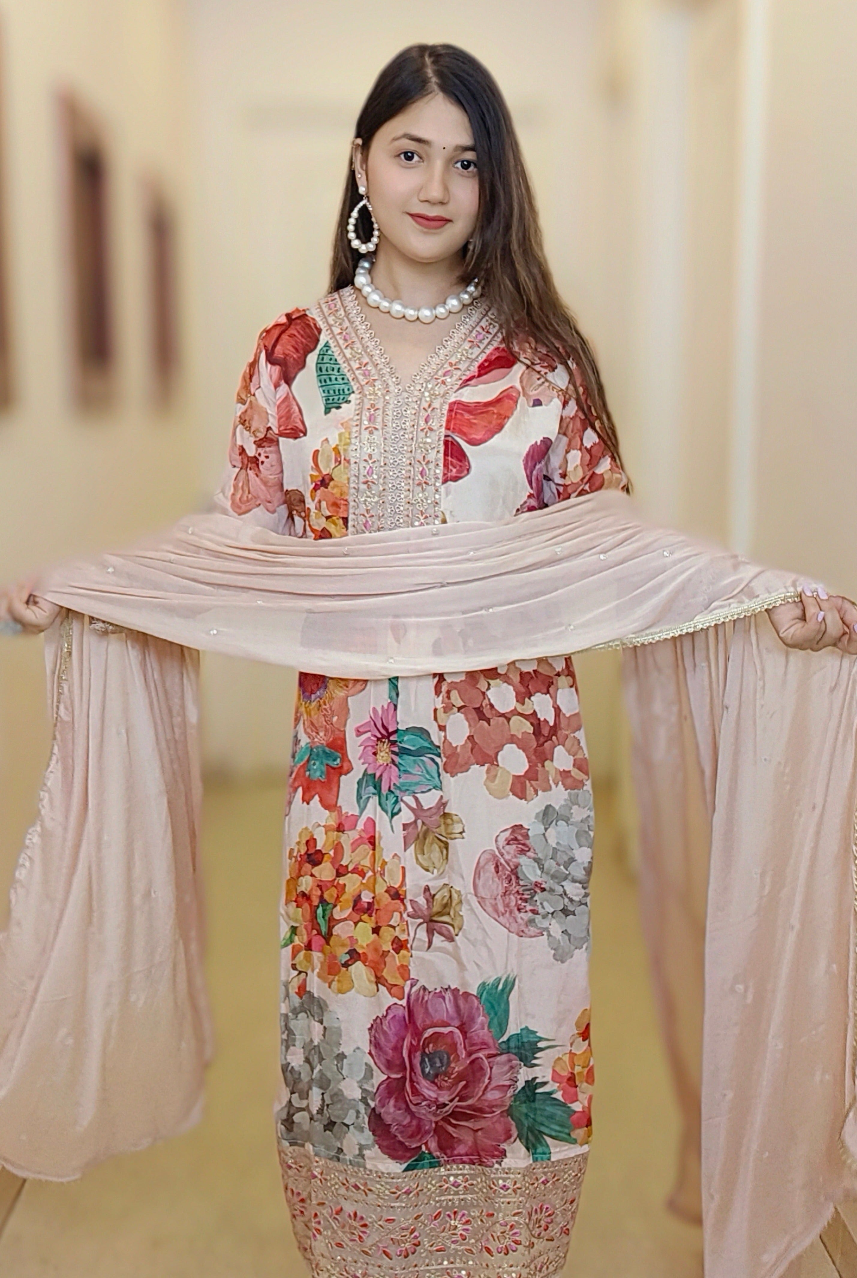 PEACH CHINON FLORAL SUIT SET - RajsiPoshak