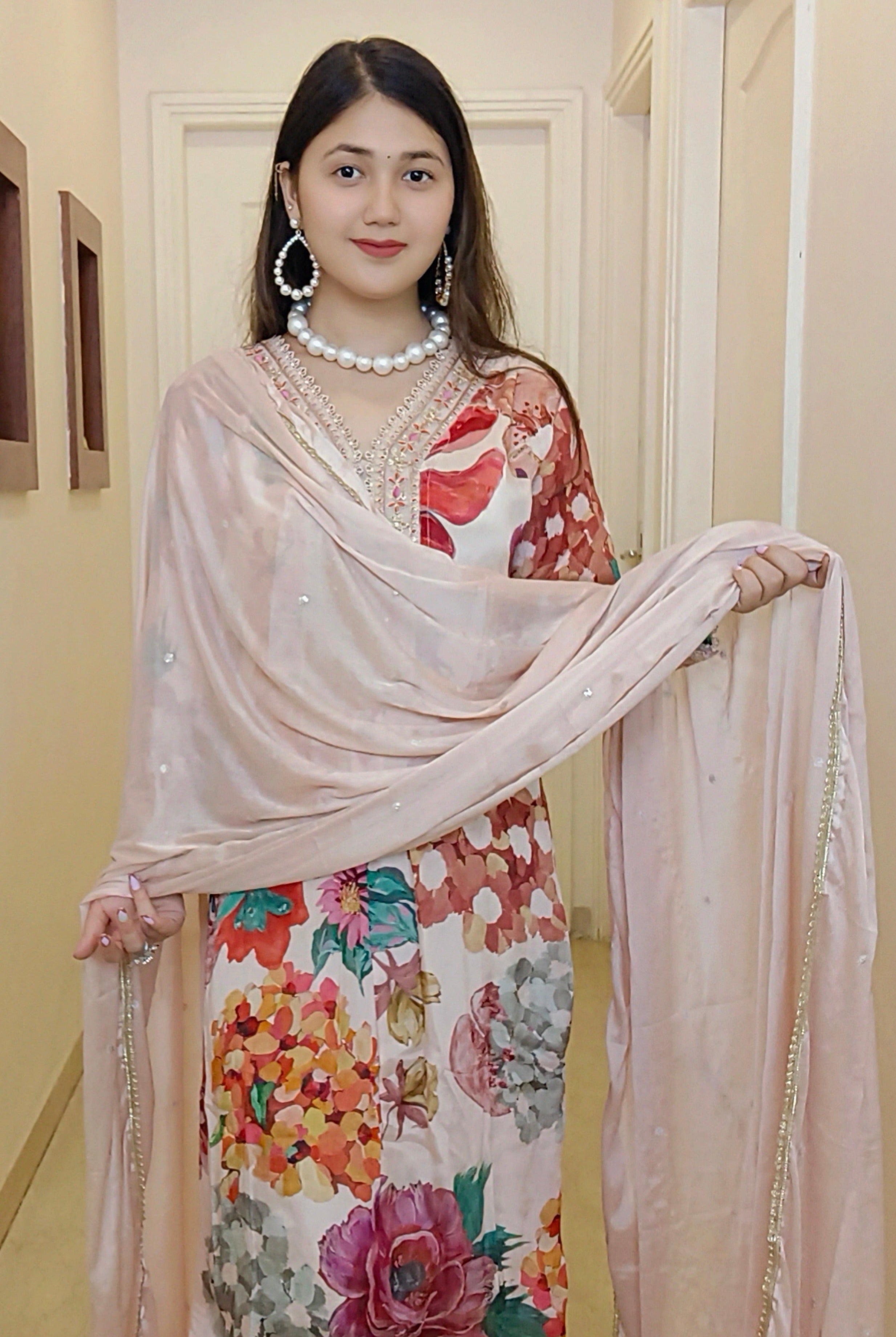 PEACH CHINON FLORAL SUIT SET - RajsiPoshak