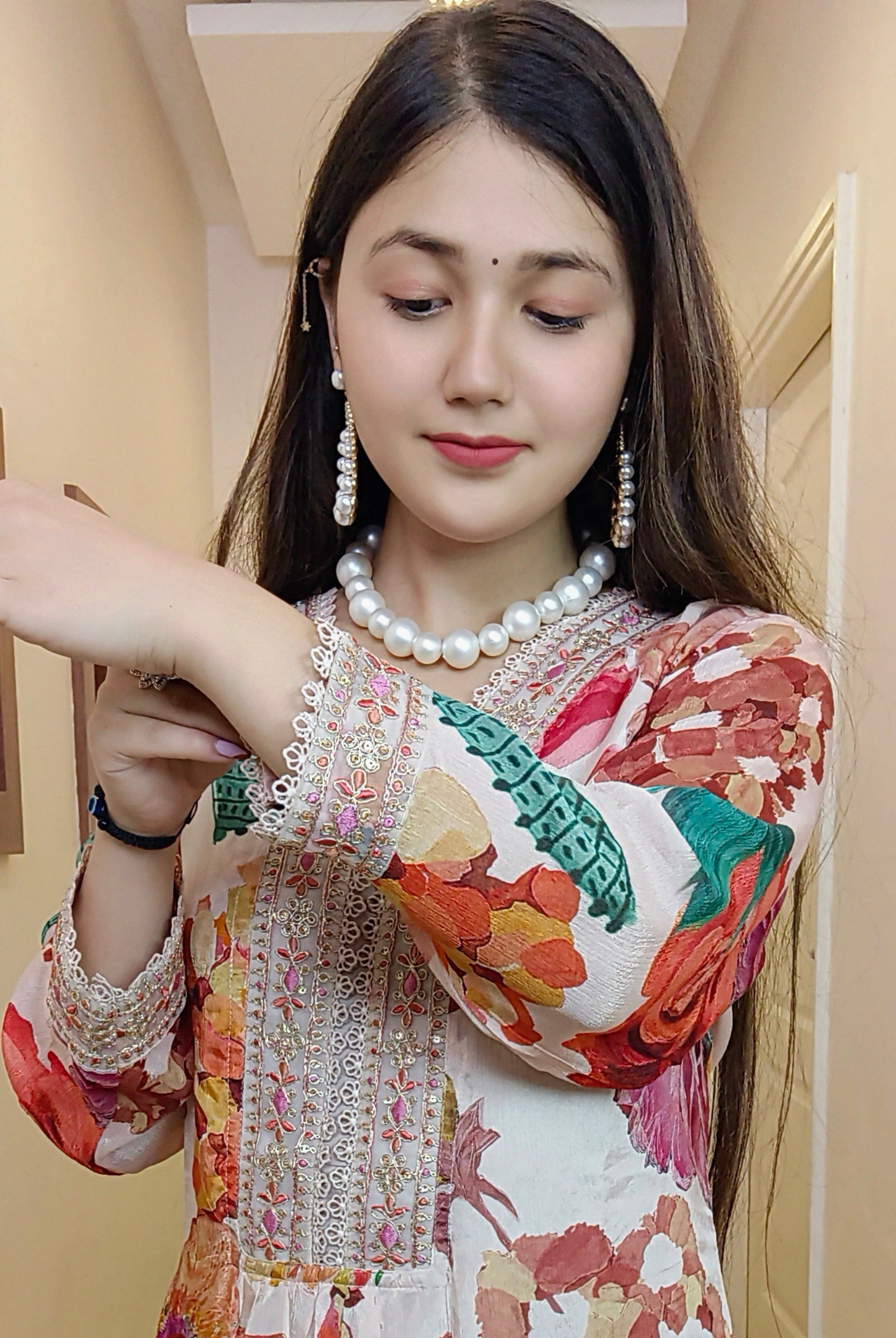 PEACH CHINON FLORAL SUIT SET - RajsiPoshak