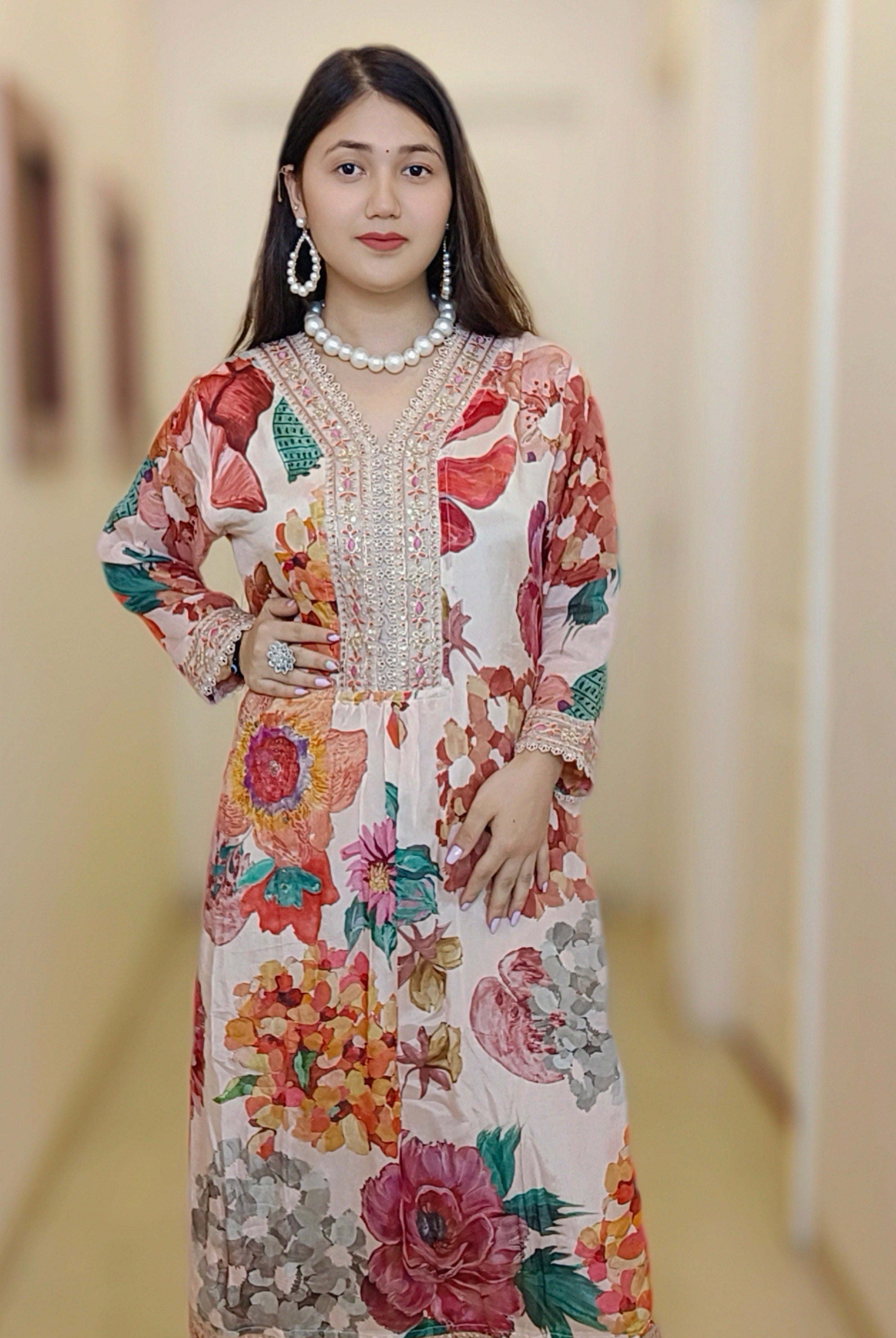 PEACH CHINON FLORAL SUIT SET - RajsiPoshak