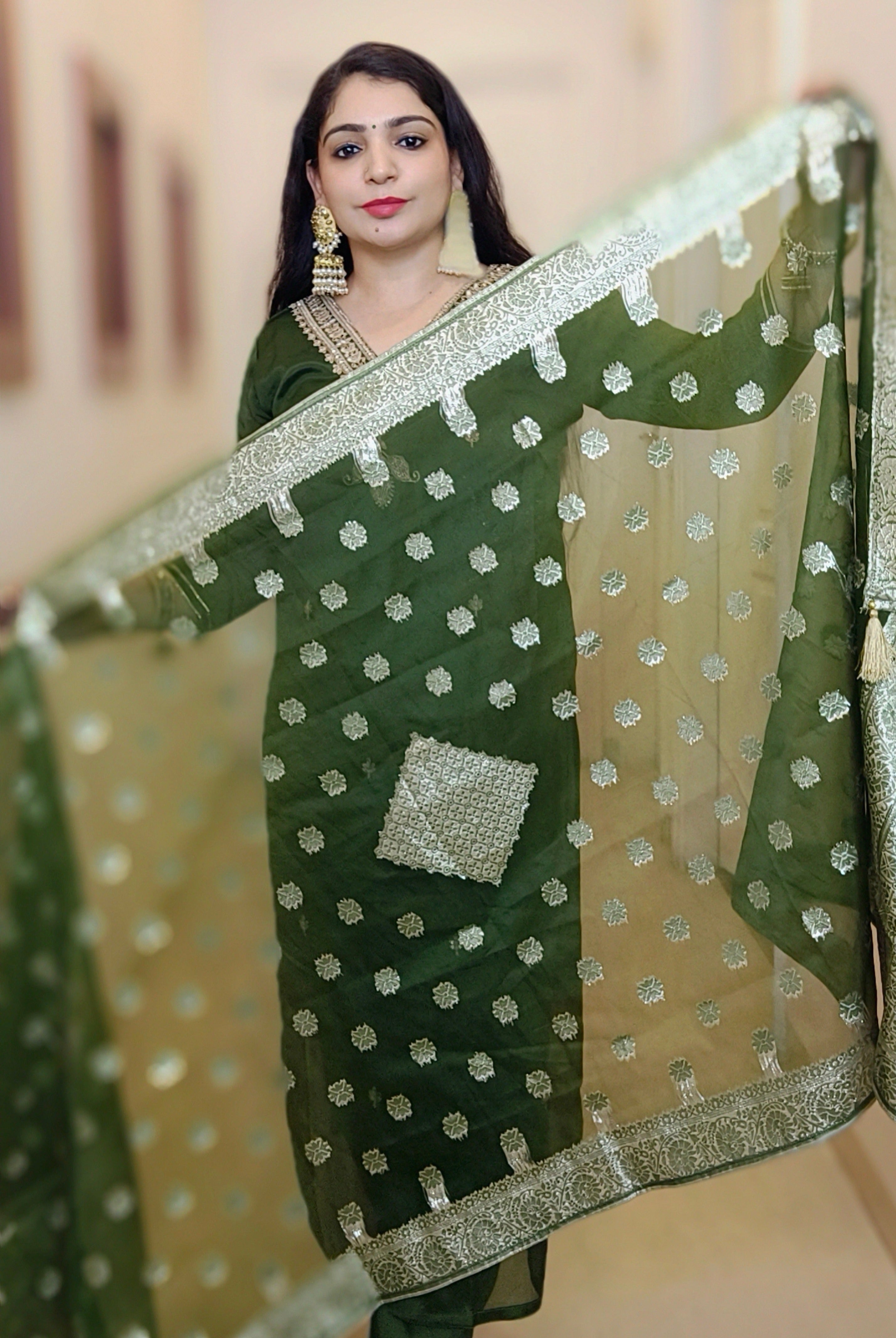 GREEN CHINON SUIT SET WITH HEAVY DUPATTA - RajsiPoshak