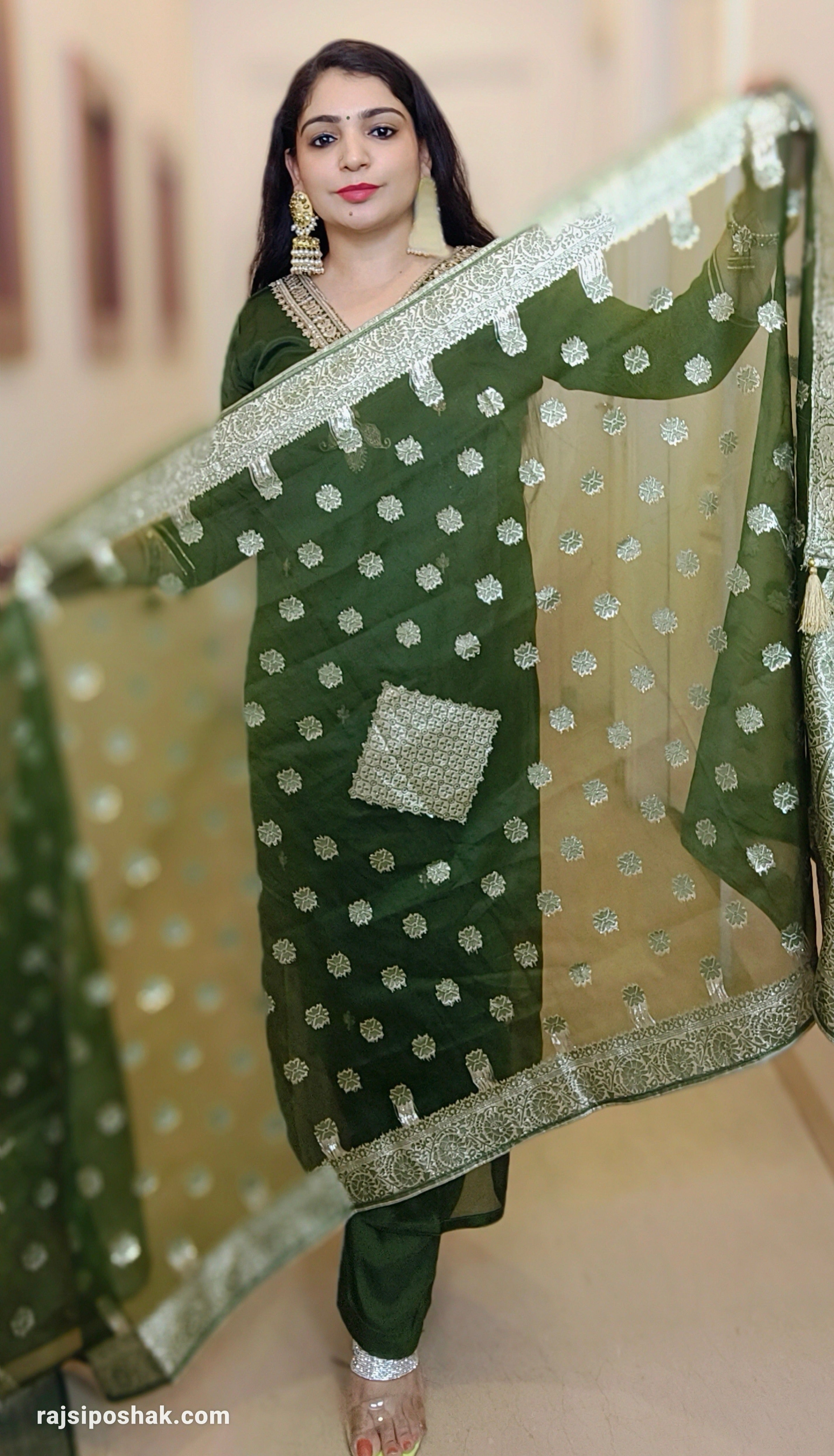 GREEN CHINON SUIT SET WITH HEAVY DUPATTA - RajsiPoshak