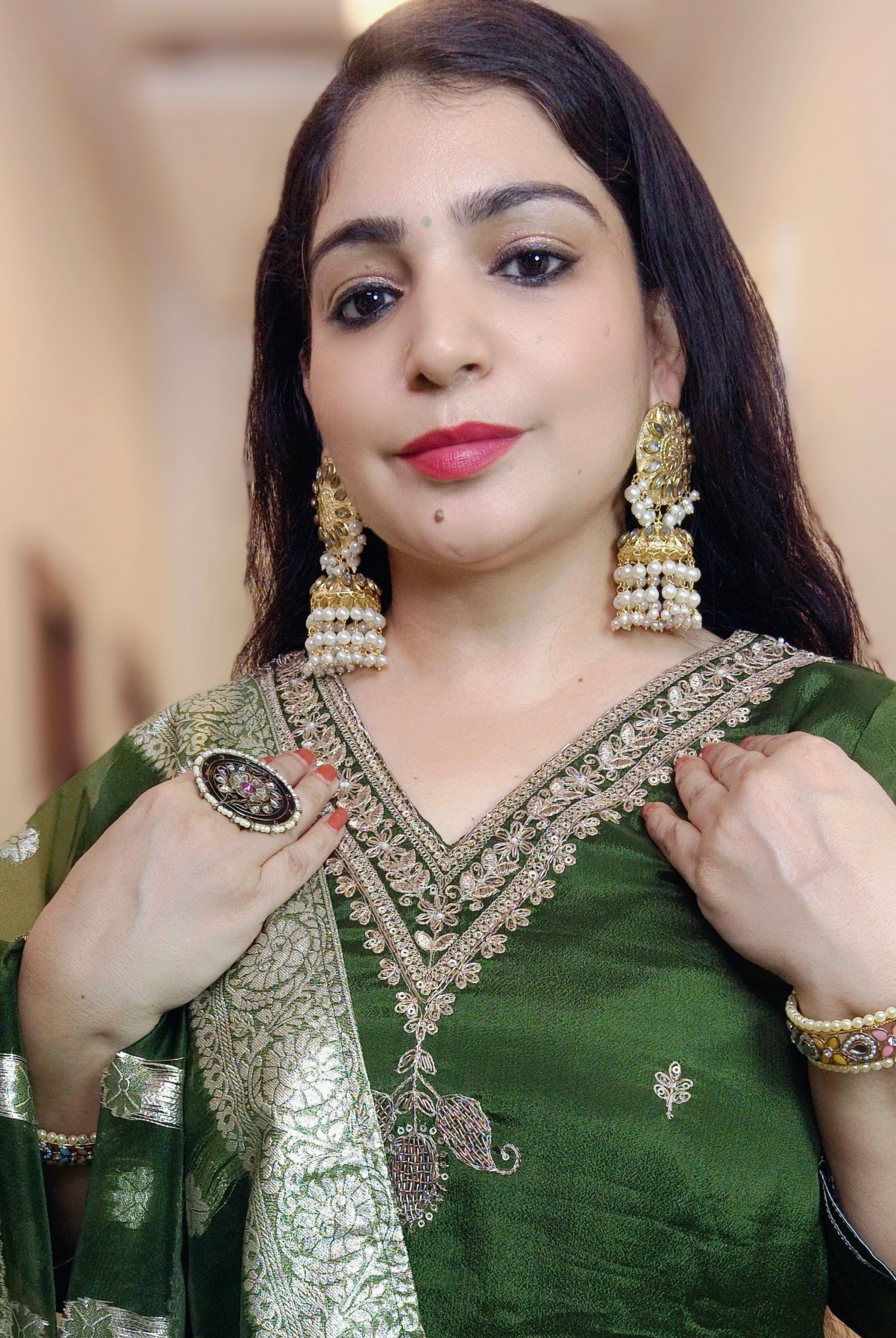 GREEN CHINON SUIT SET WITH HEAVY DUPATTA - RajsiPoshak