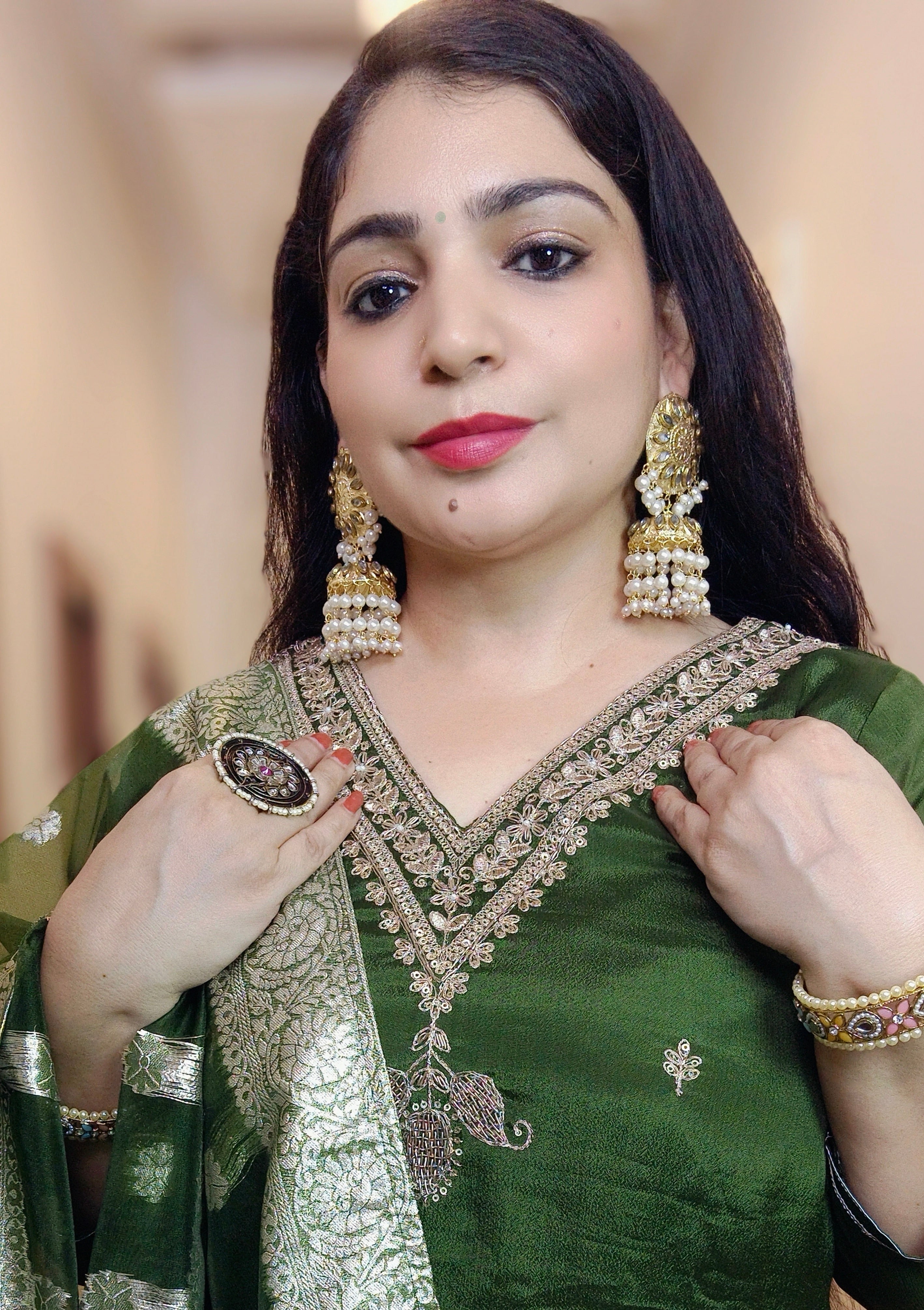 GREEN CHINON SUIT SET WITH HEAVY DUPATTA - RajsiPoshak