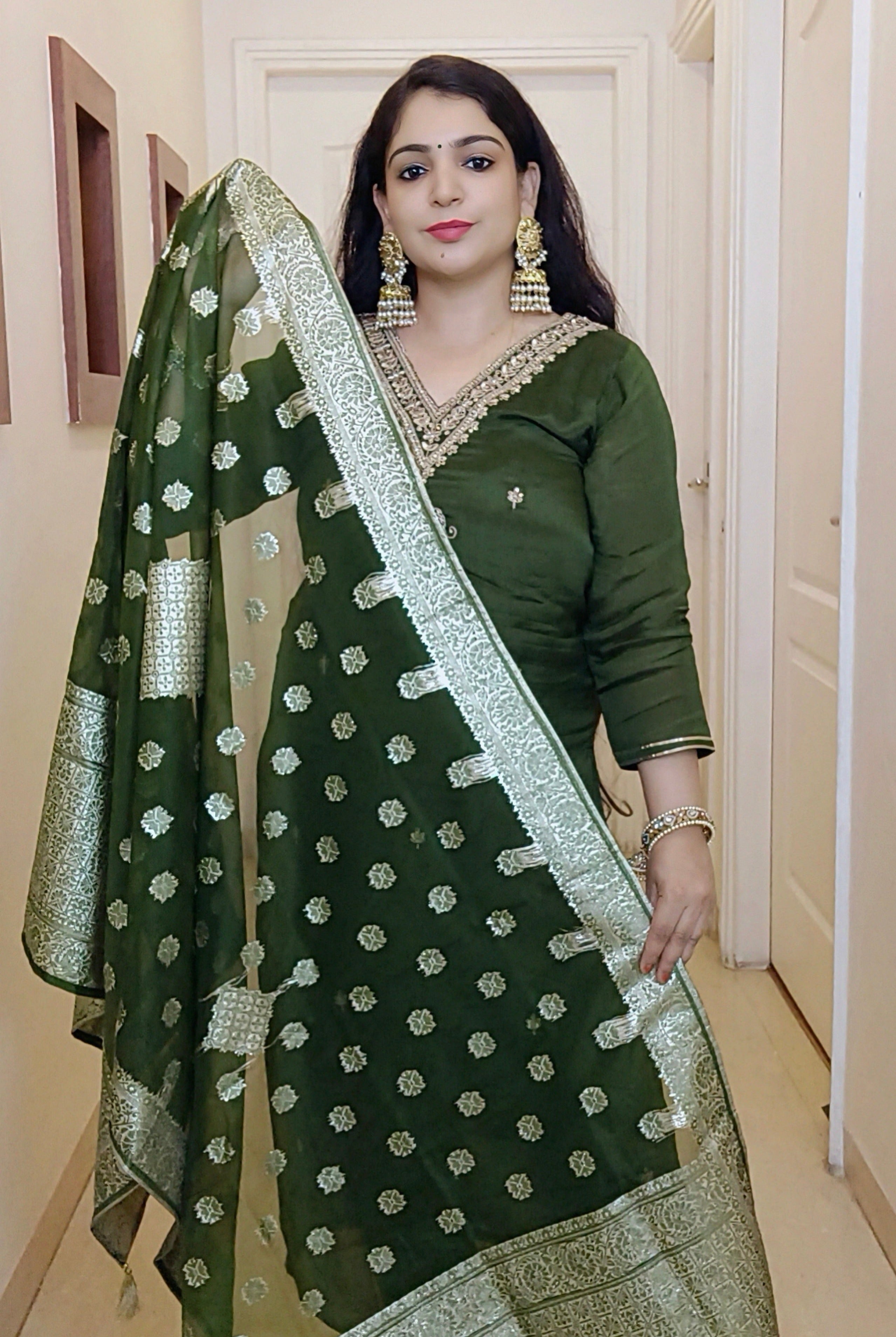 GREEN CHINON SUIT SET WITH HEAVY DUPATTA - RajsiPoshak