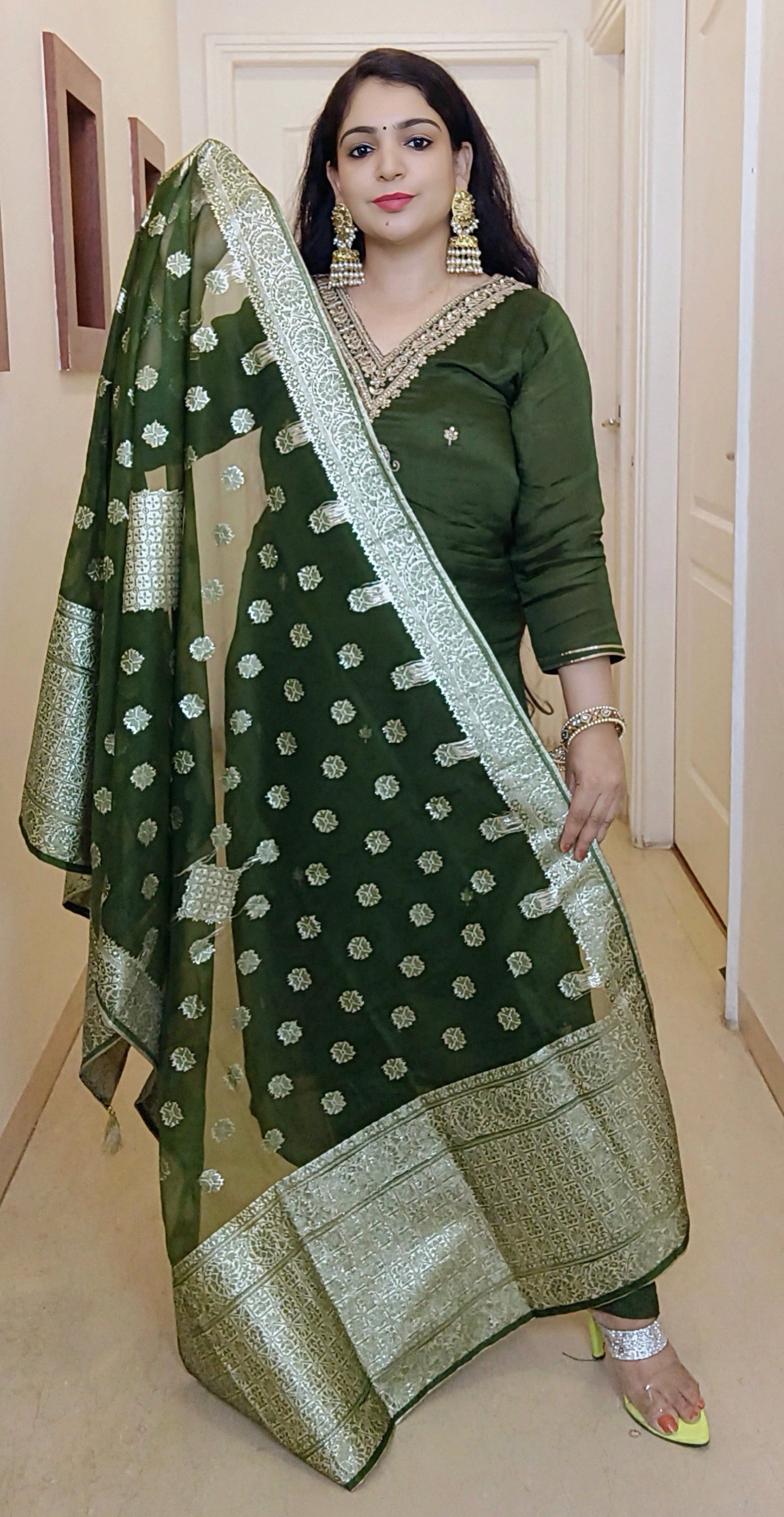 GREEN CHINON SUIT SET WITH HEAVY DUPATTA - RajsiPoshak