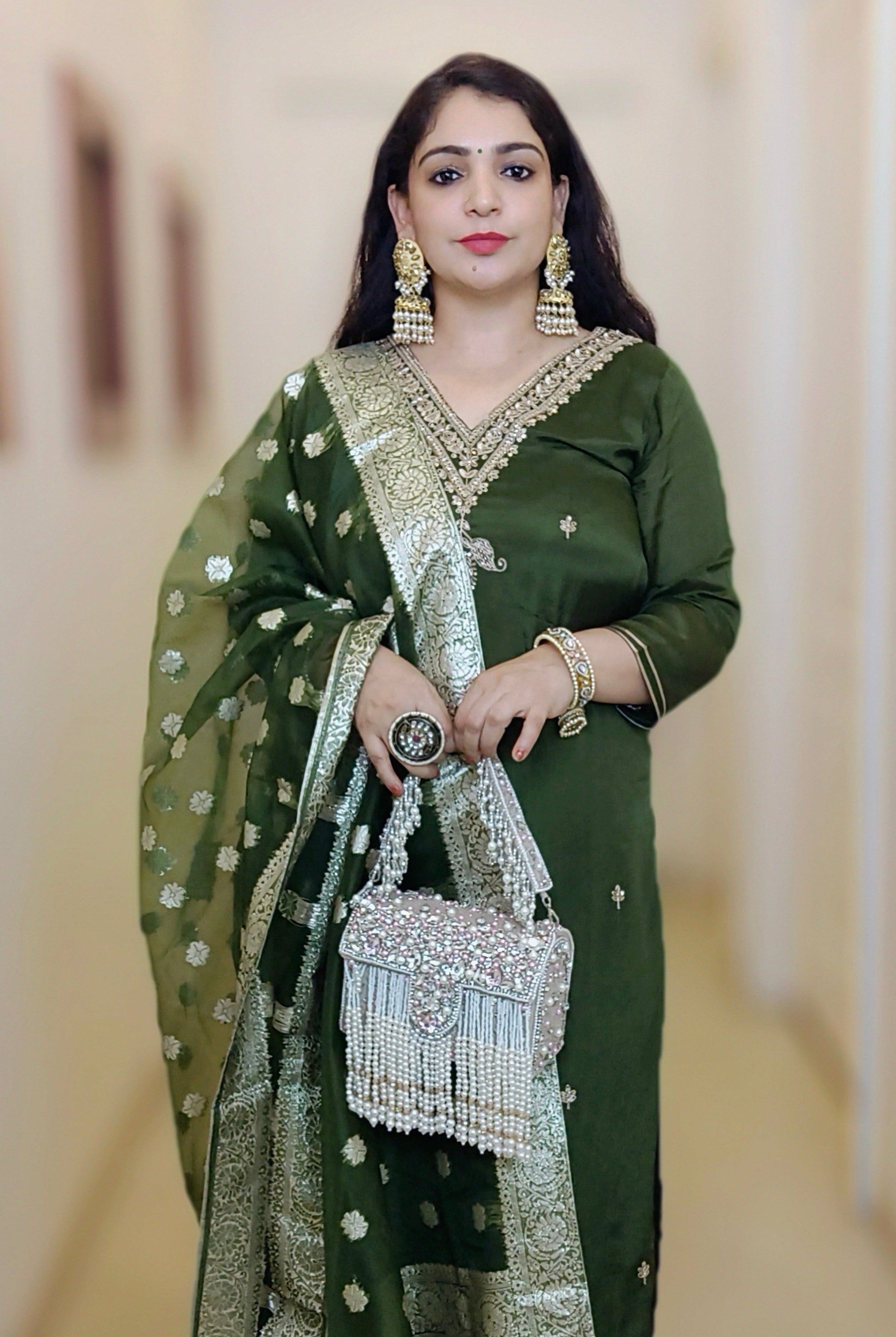 GREEN CHINON SUIT SET WITH HEAVY DUPATTA - RajsiPoshak