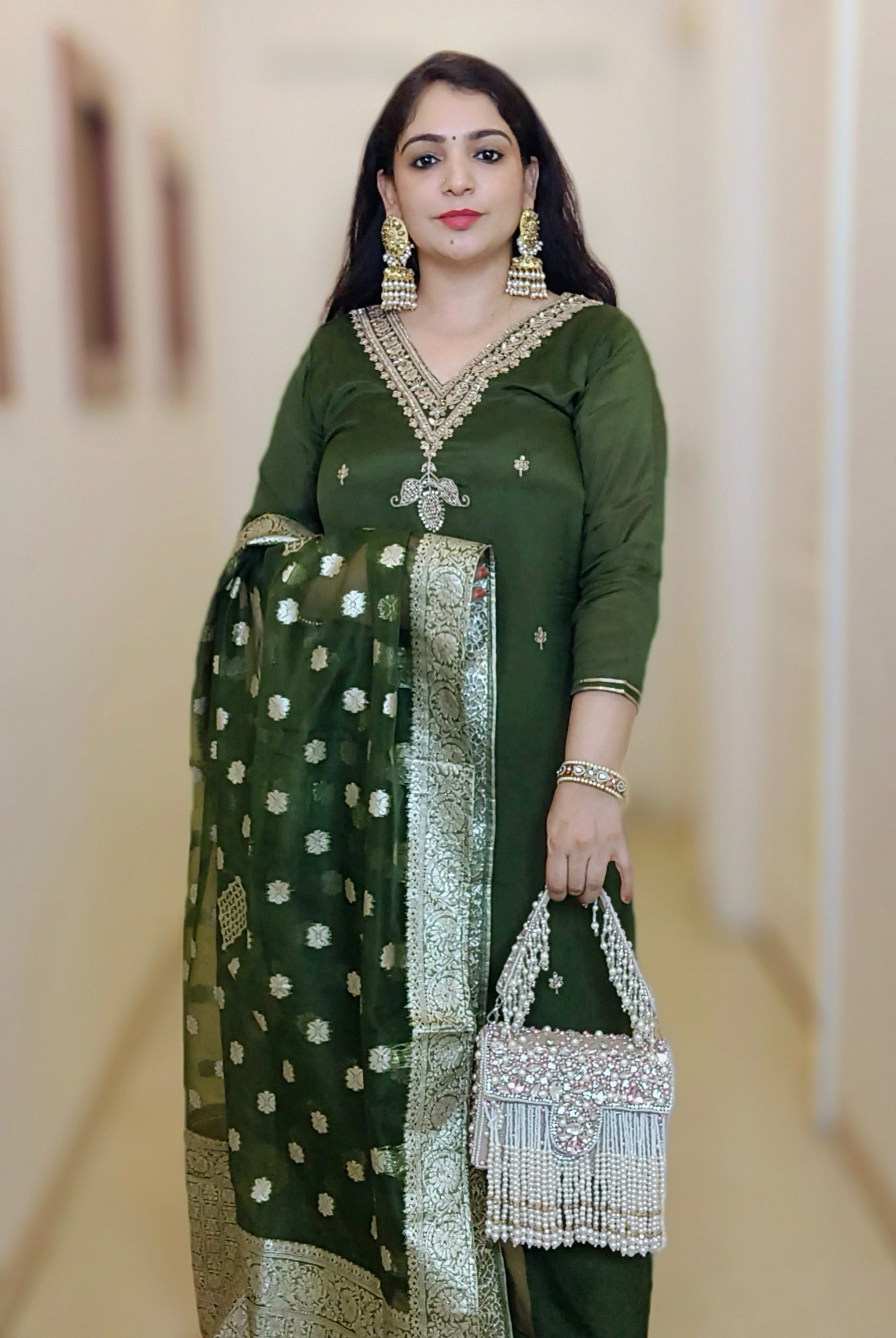 GREEN CHINON SUIT SET WITH HEAVY DUPATTA - RajsiPoshak