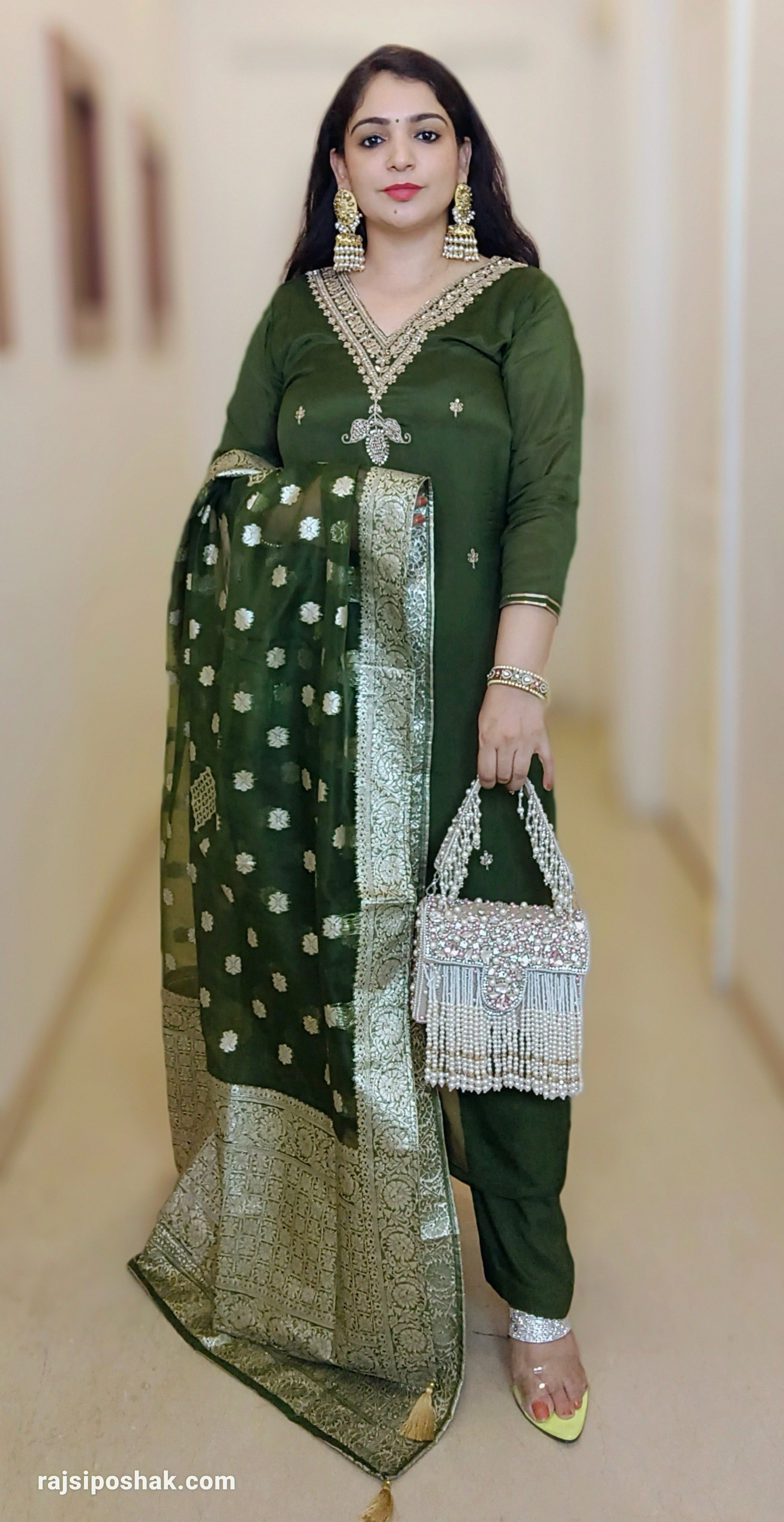 GREEN CHINON SUIT SET WITH HEAVY DUPATTA - RajsiPoshak
