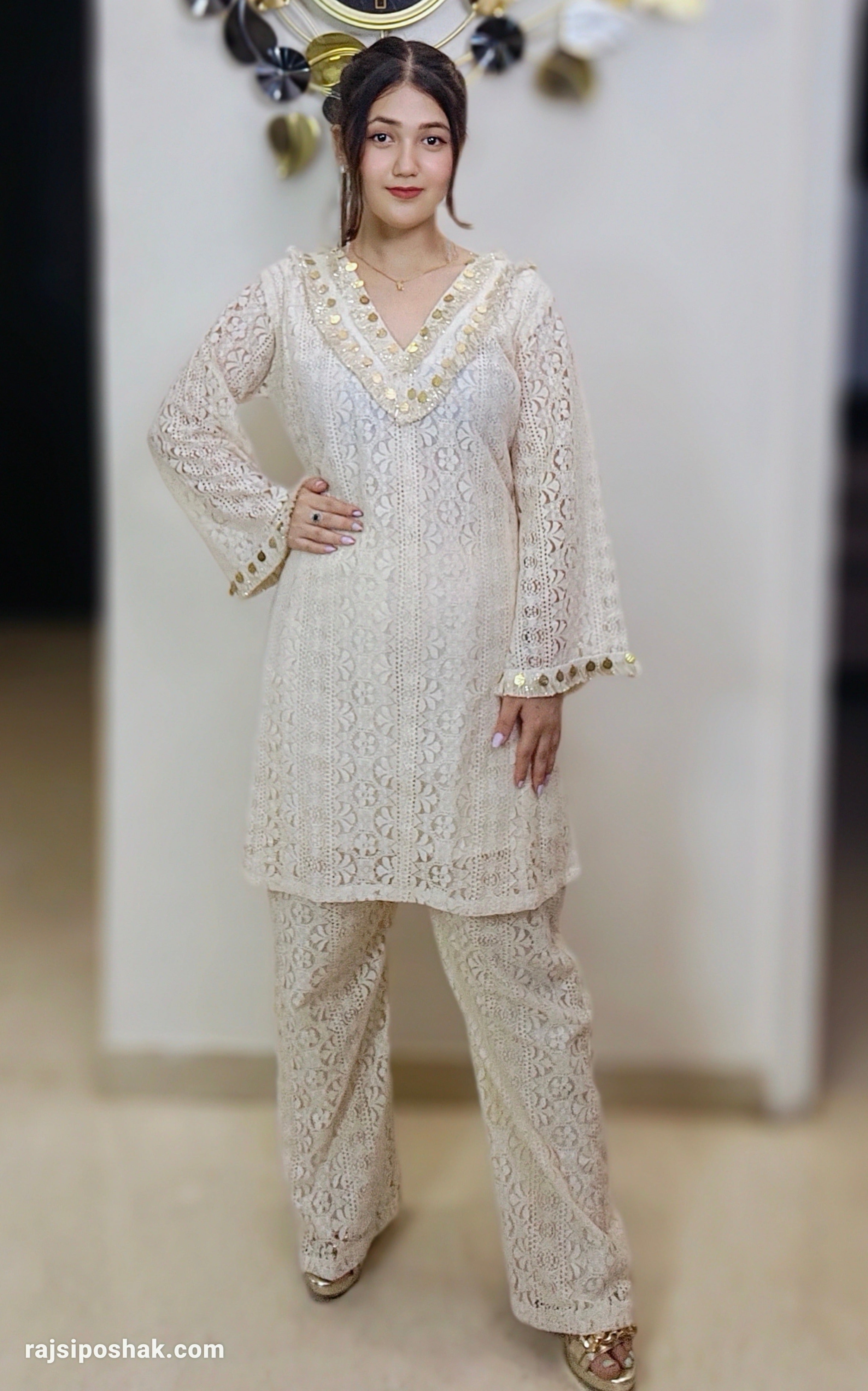 OFF WHITE SCHIFLI COTTON COORD SET - RajsiPoshak