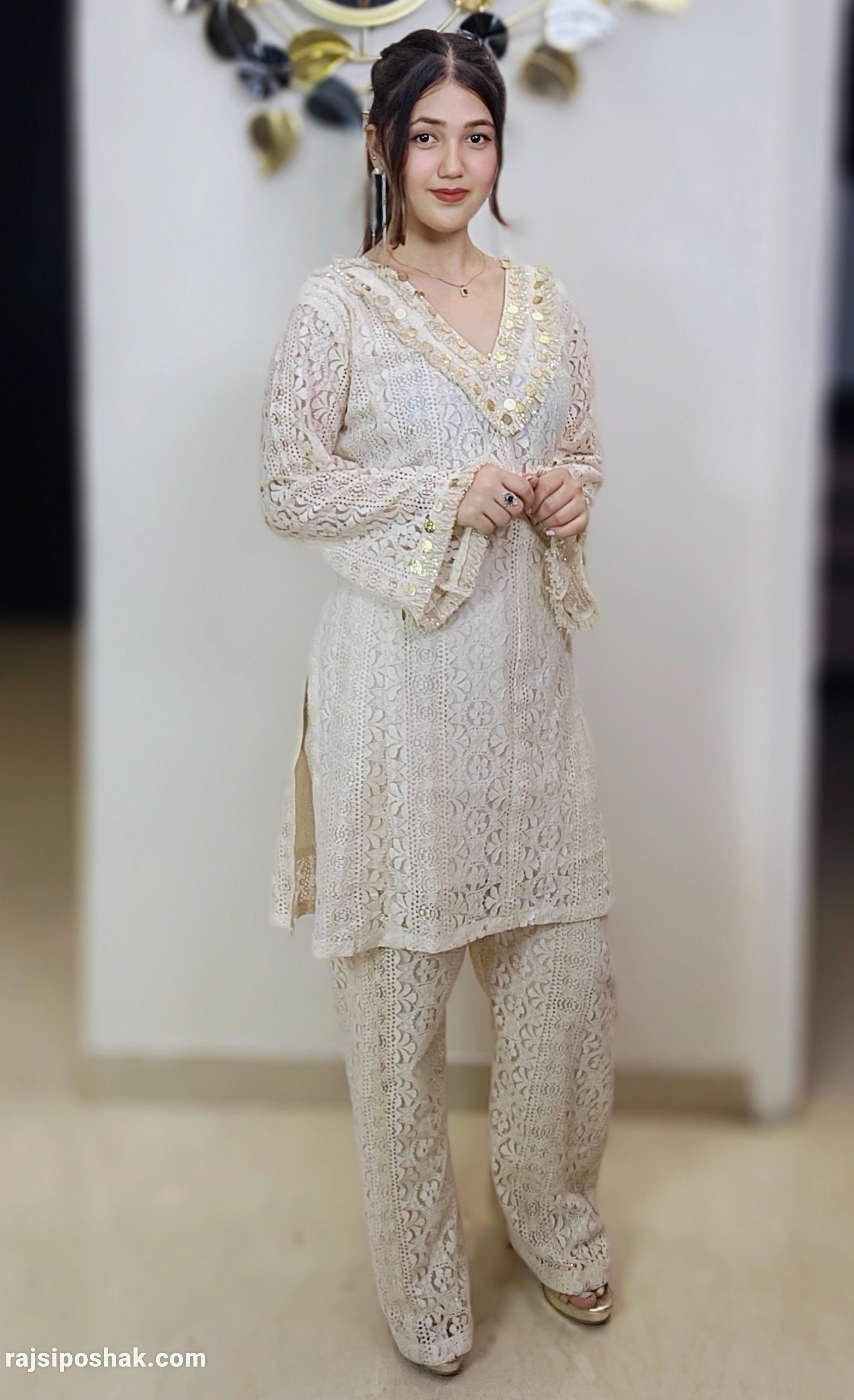 OFF WHITE SCHIFLI COTTON COORD SET - RajsiPoshak