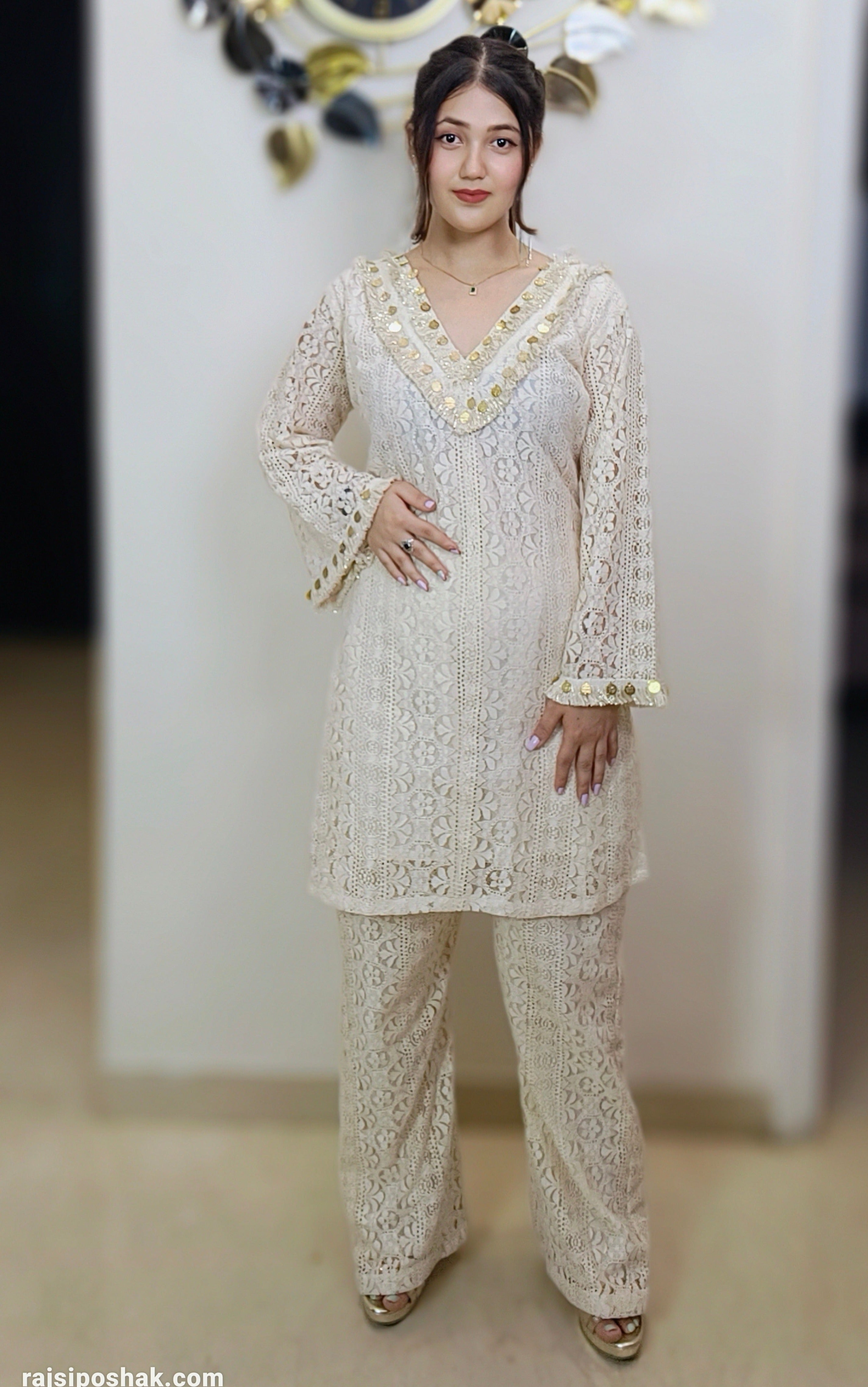 OFF WHITE SCHIFLI COTTON COORD SET - RajsiPoshak