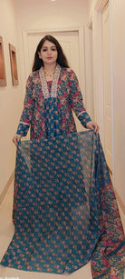 PEACOCK BLUE A-LINE COTTON SUIT - RajsiPoshak