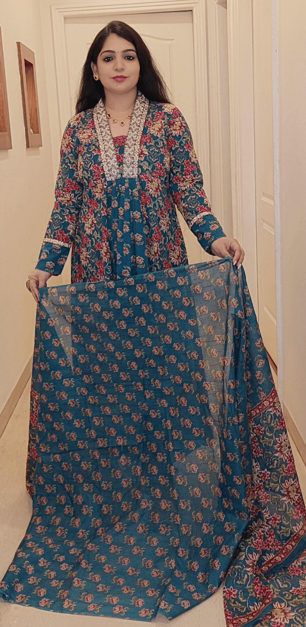 PEACOCK BLUE A-LINE COTTON SUIT - RajsiPoshak