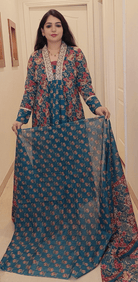 PEACOCK BLUE A-LINE COTTON SUIT - RajsiPoshak