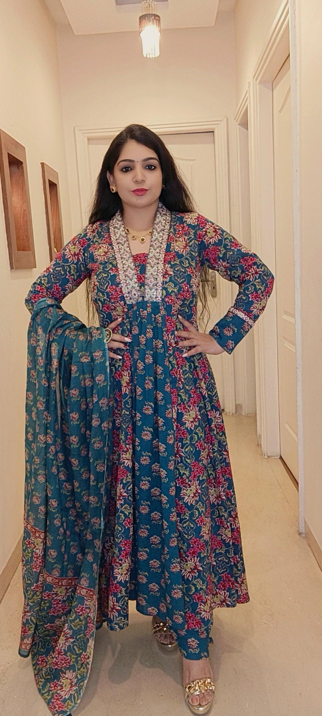 PEACOCK BLUE A-LINE COTTON SUIT - RajsiPoshak