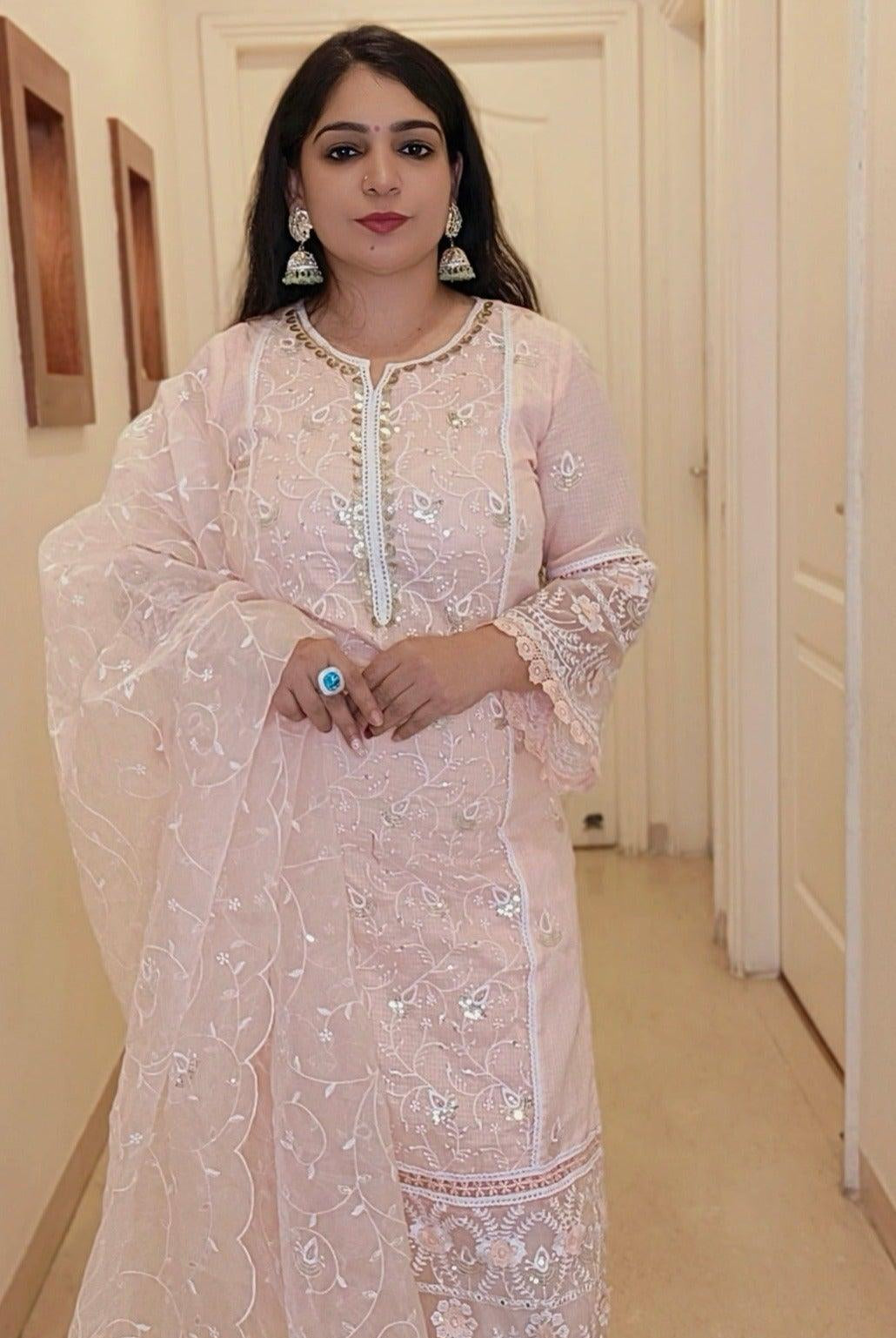 PEACH EMBROIDERED COTTON STRAIGHT SUIT - RajsiPoshak