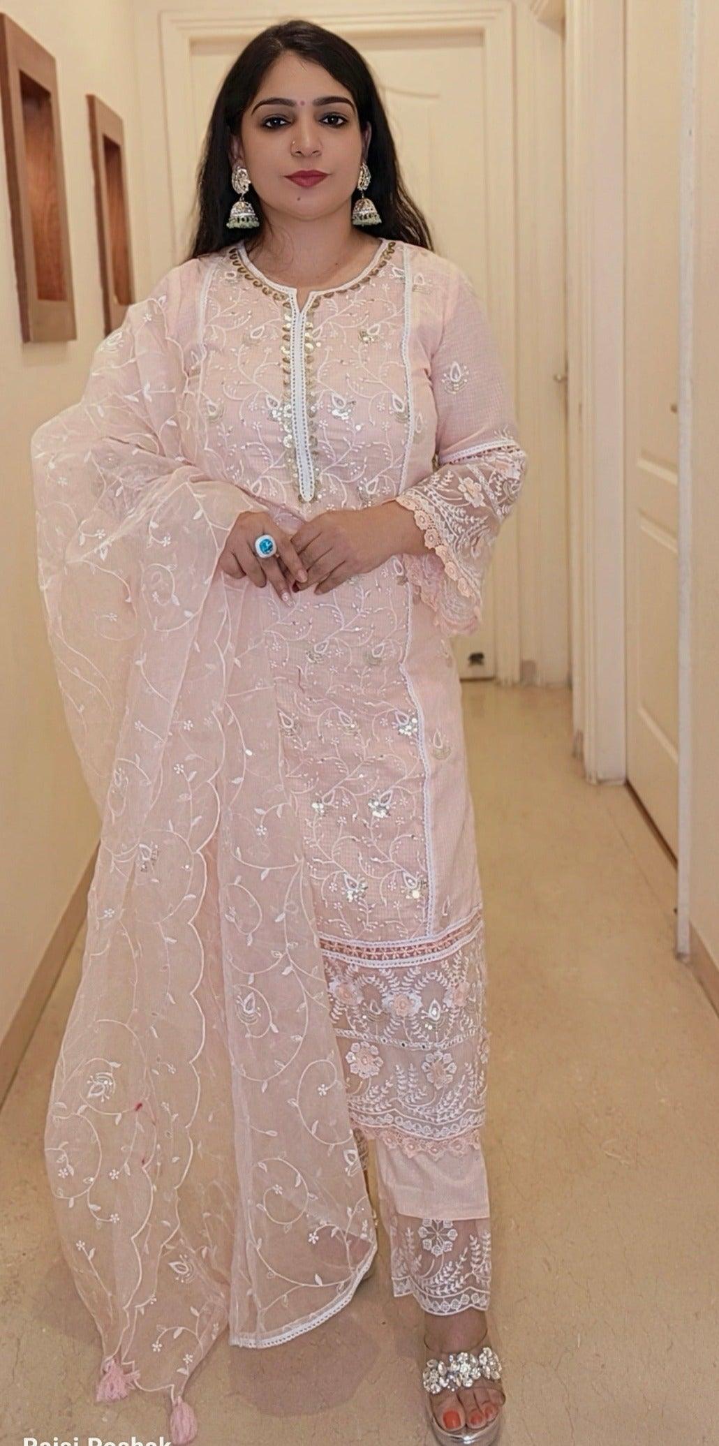 PEACH EMBROIDERED COTTON STRAIGHT SUIT - RajsiPoshak