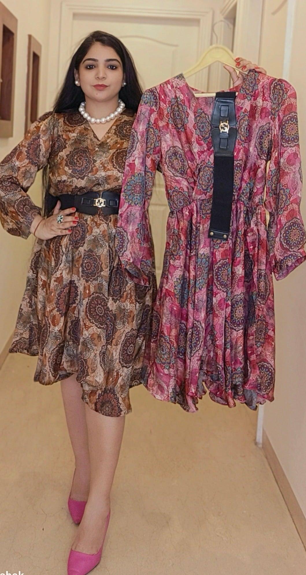 CHIFFON DRESS WITH BELT - RajsiPoshak