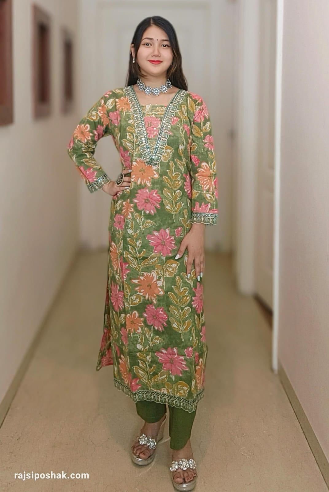 GREEN COTTON PRINTED SUIT - RajsiPoshak
