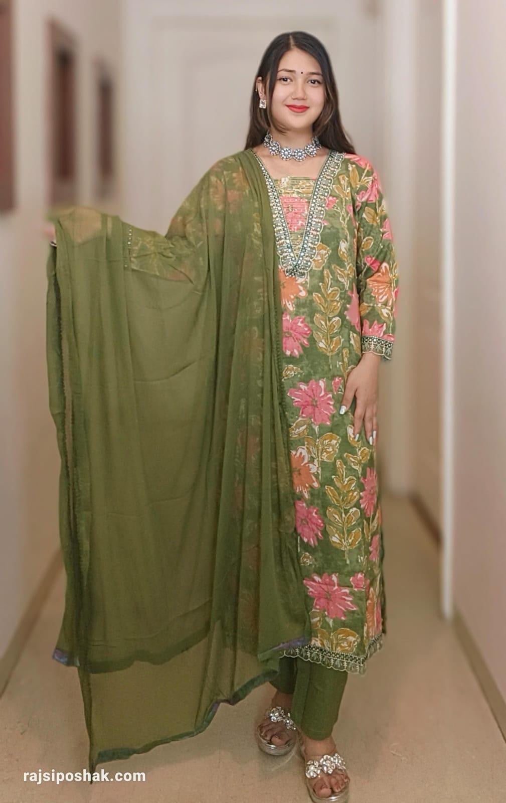 GREEN COTTON PRINTED SUIT - RajsiPoshak