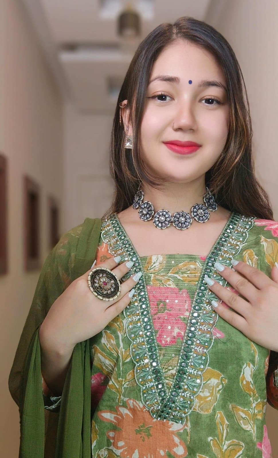 GREEN COTTON PRINTED SUIT - RajsiPoshak