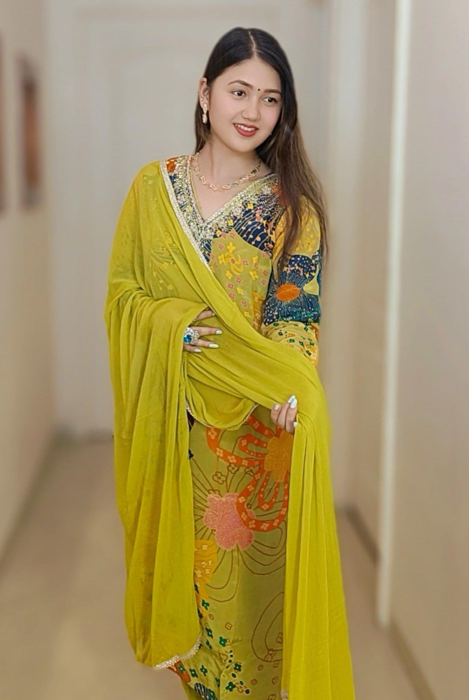 MEHANDI CREP SUIT WITH SCHIFFON DUPATTA - RajsiPoshak