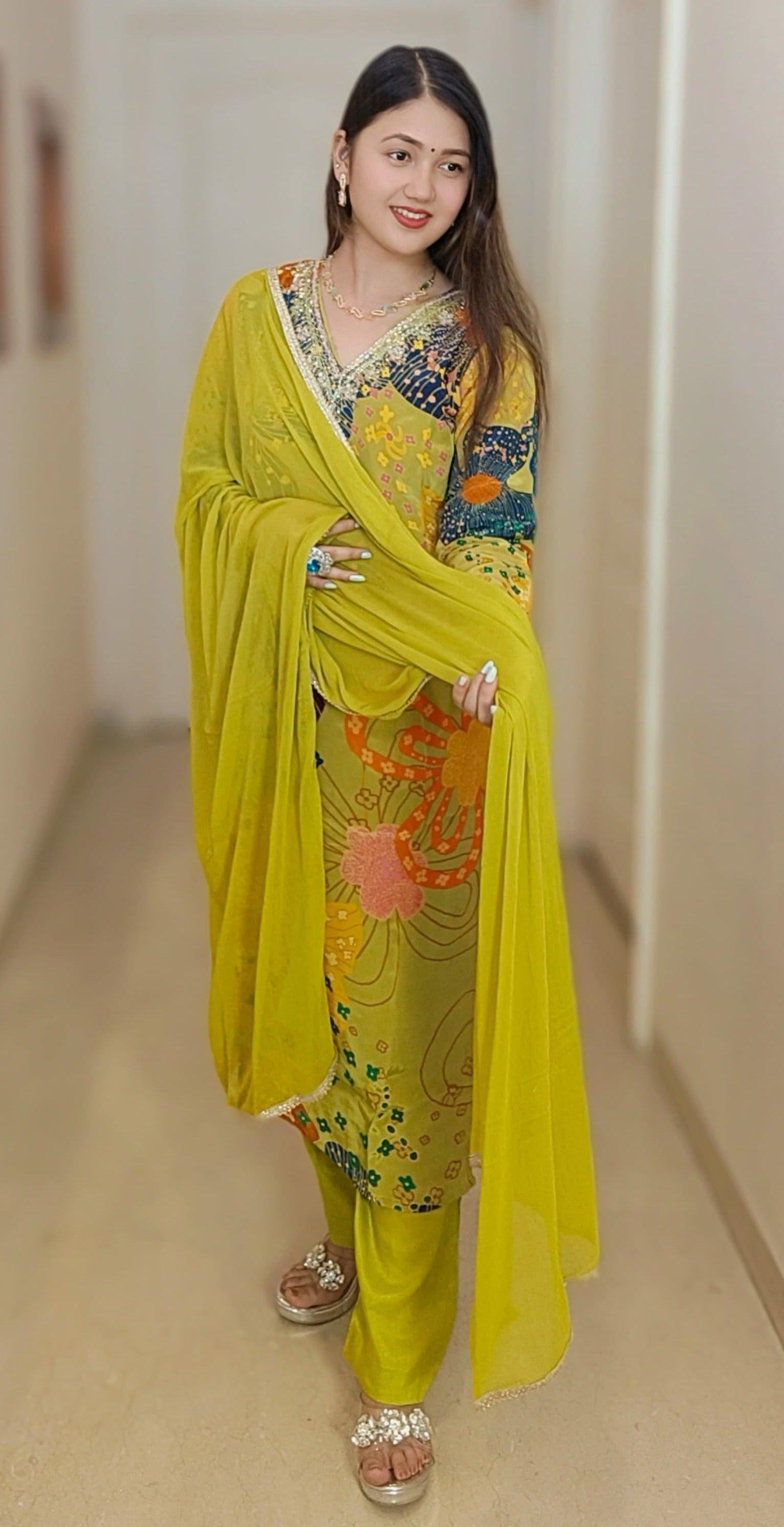 MEHANDI CREP SUIT WITH SCHIFFON DUPATTA - RajsiPoshak