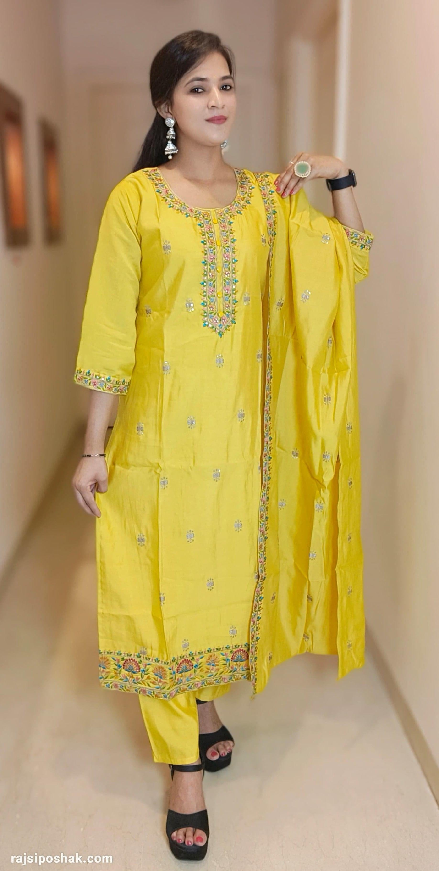 YELLOW SILK EMBROIDERED SUIT 7602 - RajsiPoshak