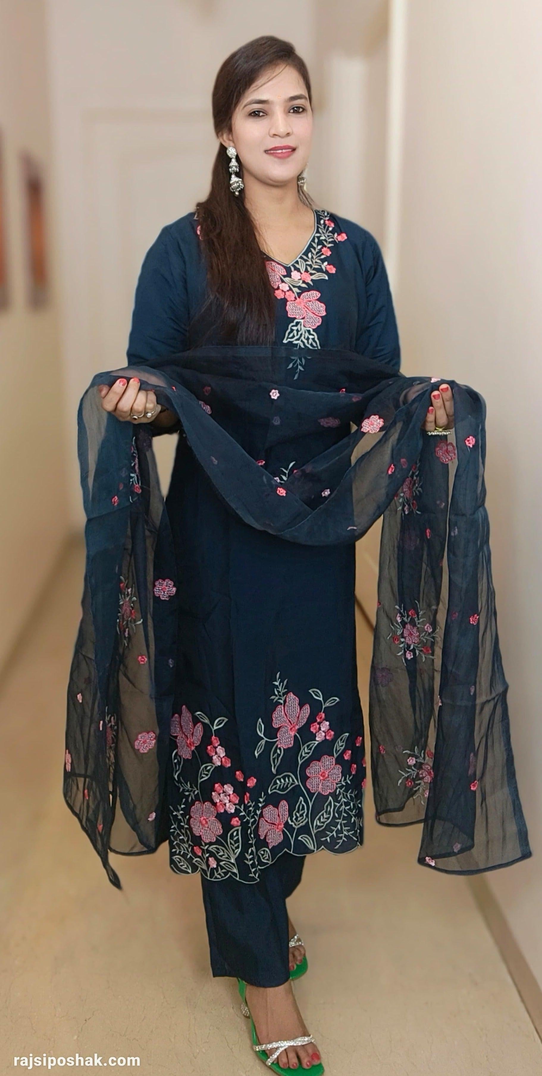 NAVY BLUE SILK EMBROIDERED SUIT WITH ORGANJA DUPATTA 7601 - RajsiPoshak