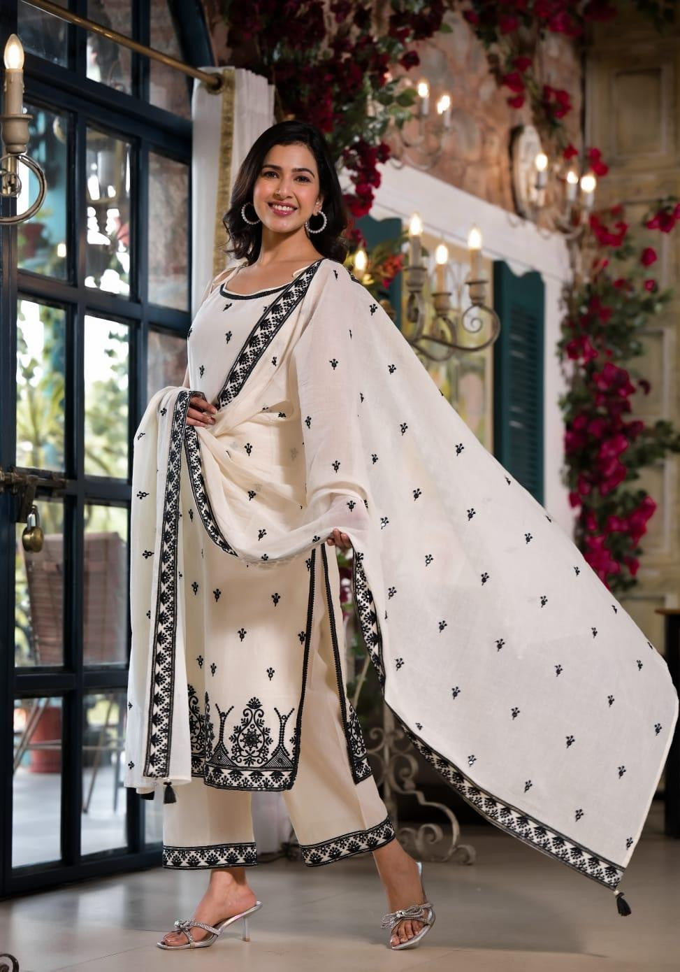 WHITE & BLACK 3 PC SUIT - RajsiPoshak