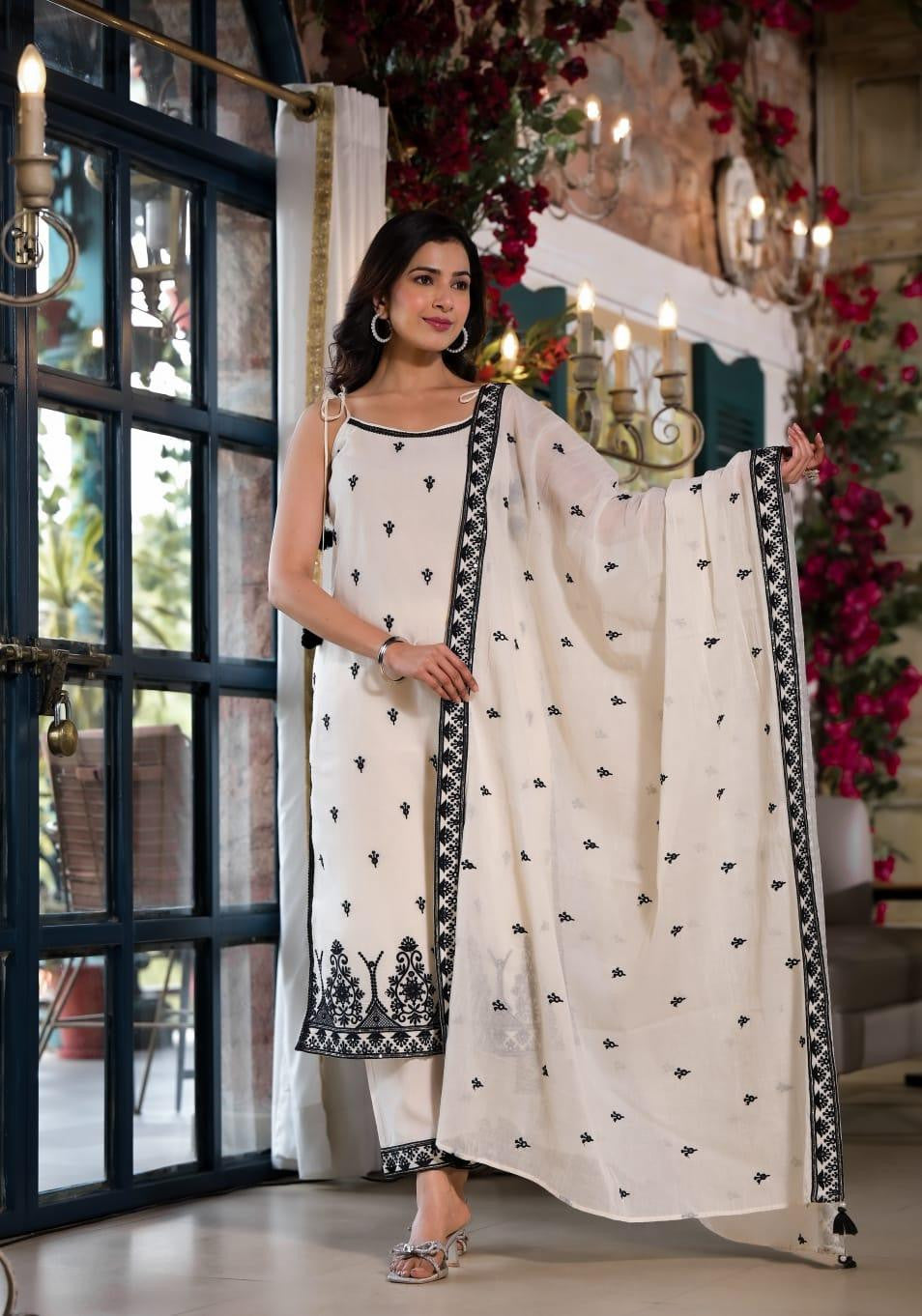 WHITE & BLACK 3 PC SUIT - RajsiPoshak