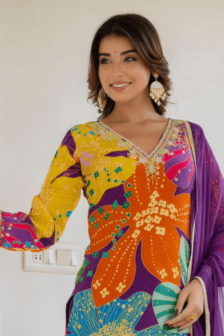 MEHANDI CREP SUIT WITH SCHIFFON DUPATTA - RajsiPoshak