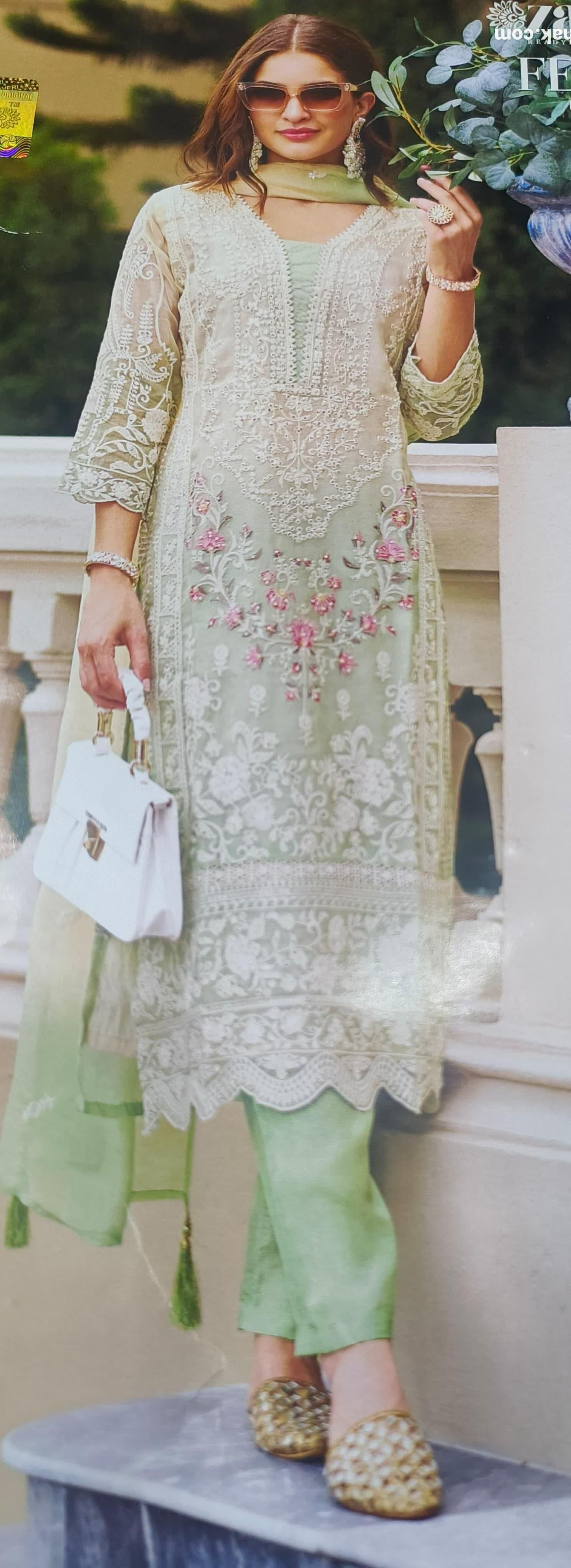 WHITE/YELLOW ORGANJA PAKISTANI SUIT 7604 - RajsiPoshak