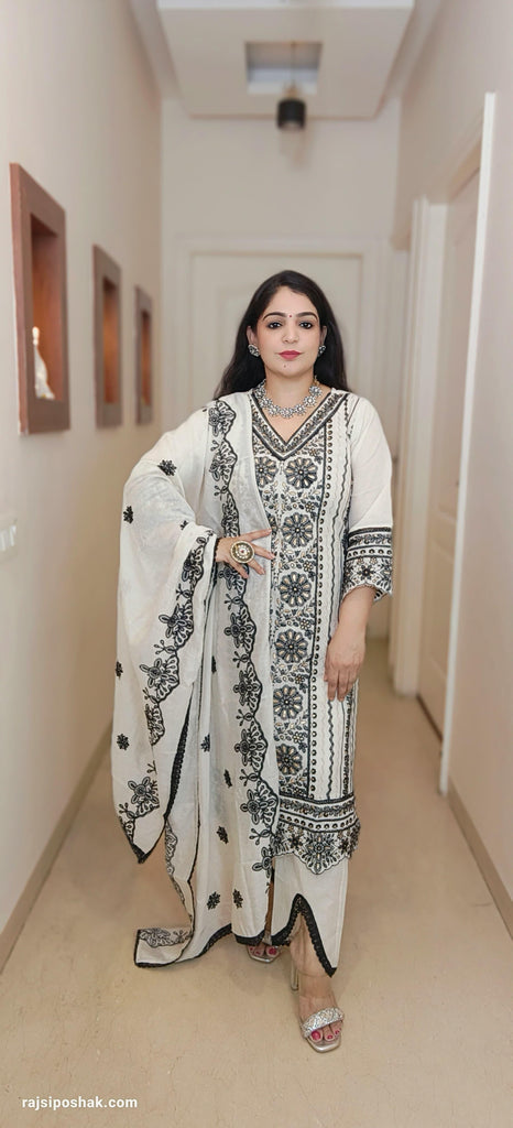 White Cotton Suit with Embroidered dupatta and stylish bottom C070613 - RajsiPoshak