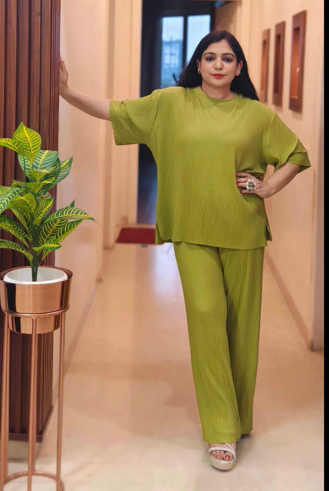 GREEN,BROWN & PINK IMPORTED FABRIC COORDSET