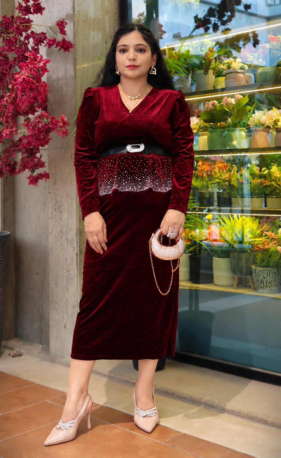 Premium Purple and Wine Velvet 2-Piece Dress Set with Designer Belt 💜🍷✨