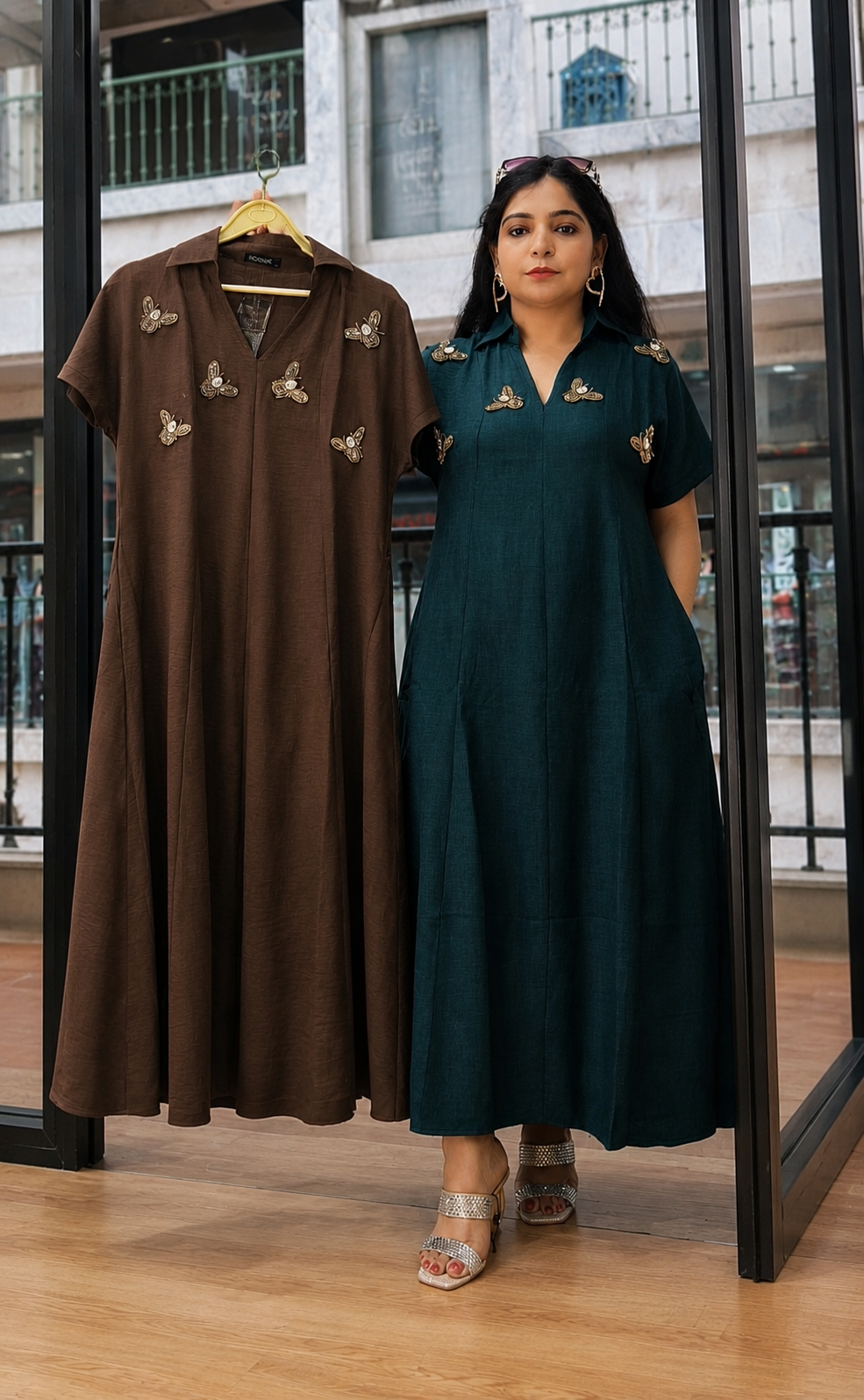 Premium Dark Green,Maroon,Yellow and Brown Embroidered Cotton Blend Maxi Dress With Honey Bees Design