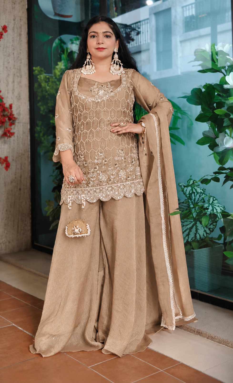 Premium Rust Orange & Chiku Shimmer Tissue 4 Piece Sharara Set With Bustier & Heavy Embroidery ✨🤎🧡