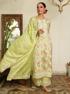 PINK & PISTA GREEN PARTY WEAR CHINON FABRIC SUIT - RajsiPoshak