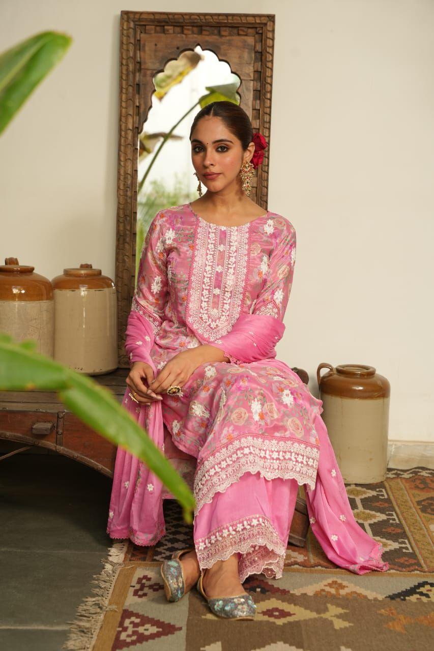 PINK & PISTA GREEN PARTY WEAR CHINON FABRIC SUIT - RajsiPoshak