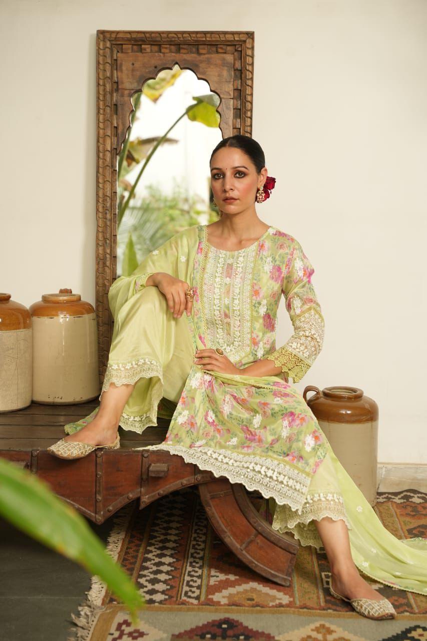 PINK & PISTA GREEN PARTY WEAR CHINON FABRIC SUIT - RajsiPoshak