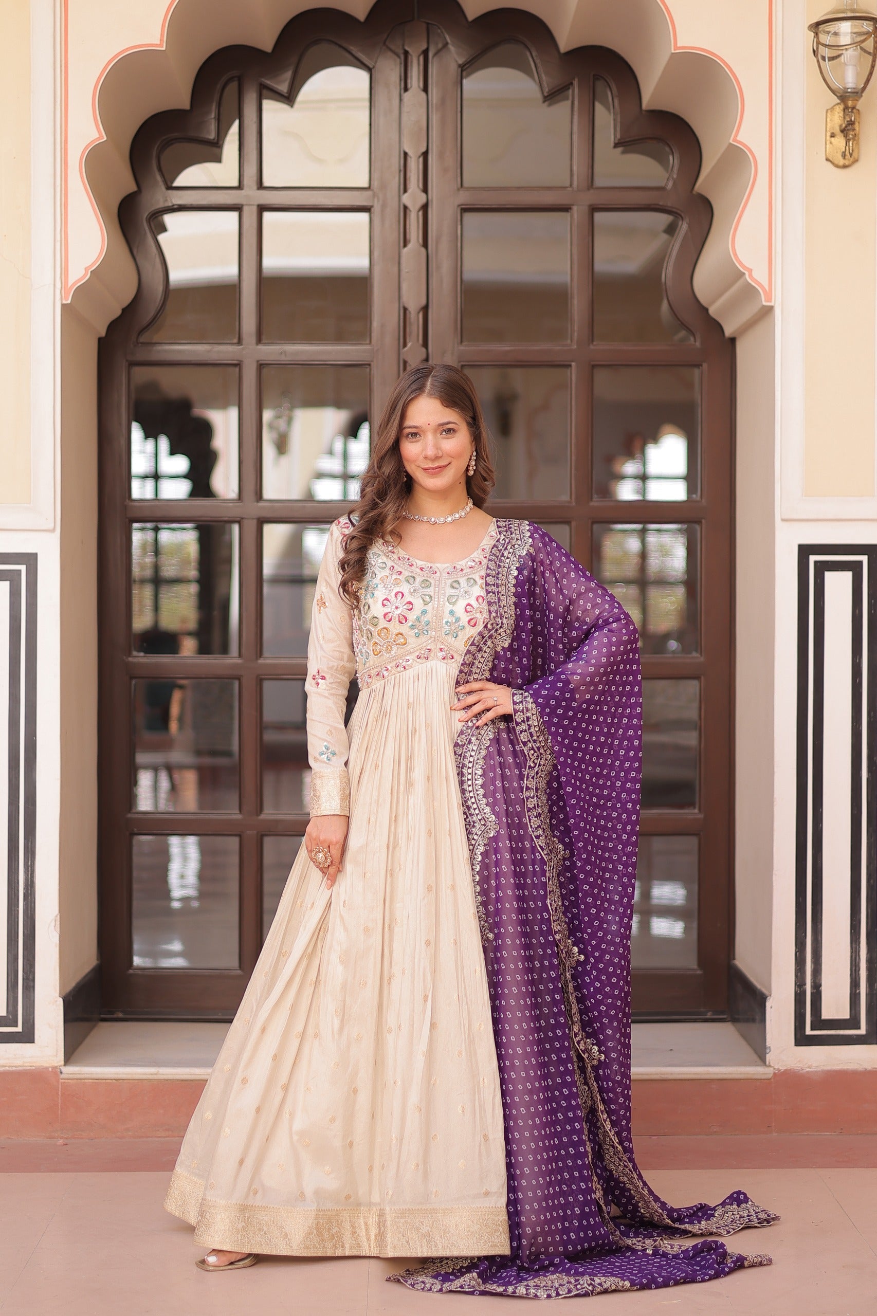 OFF WHITE COSMOS WEAVING JEQUARD WITH PEARL BEADS EMBROIDERED WORK