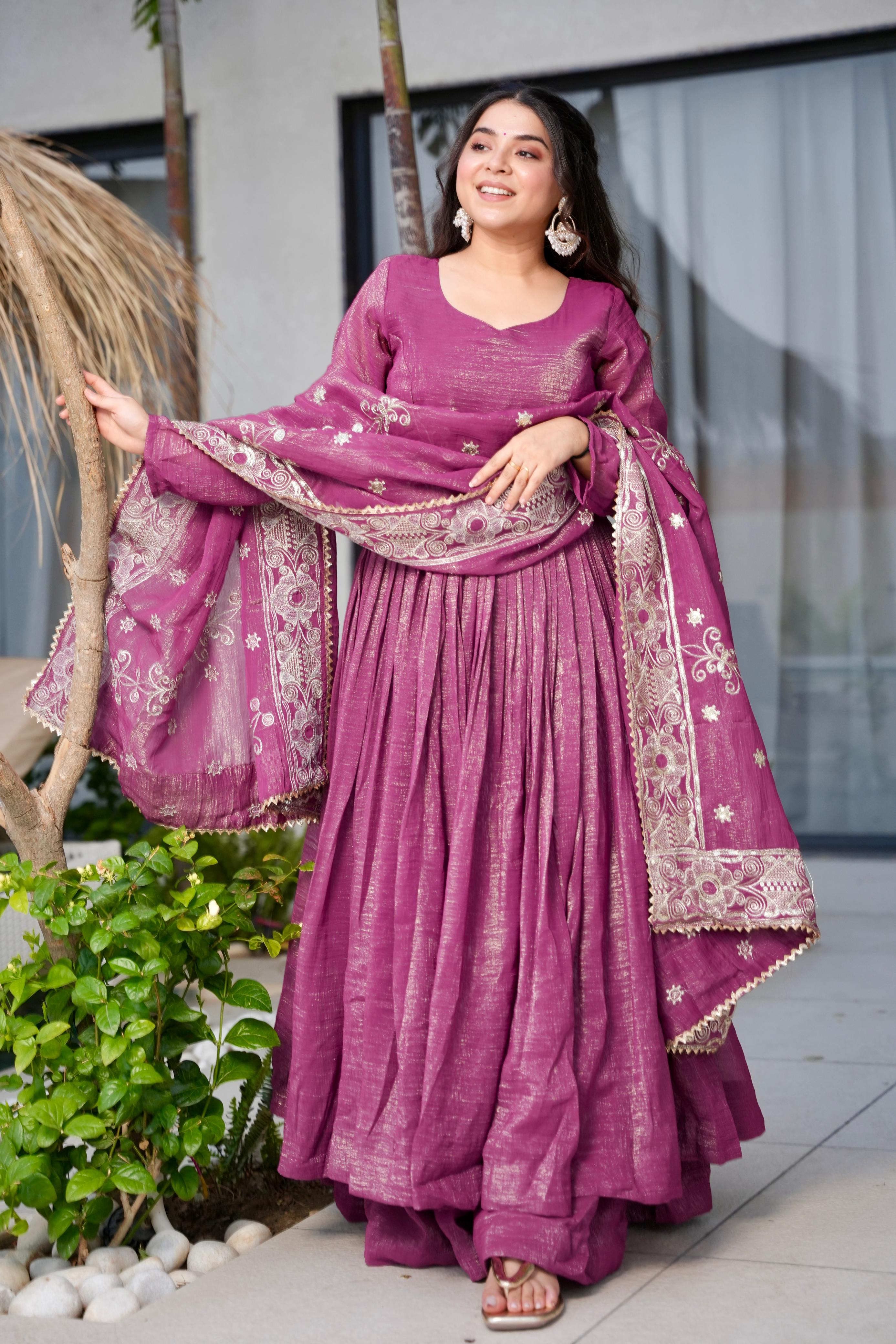 PURPLE AND RUST CRUNCHY SILK WITH EMBROIDERED WORK WITH FANCY FULL SLEEVES