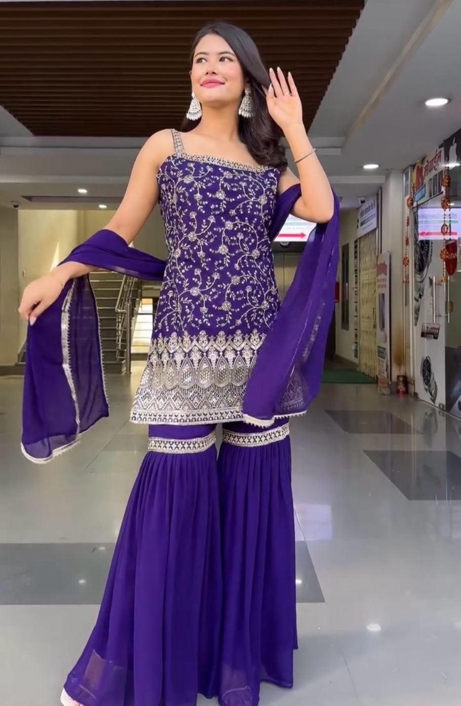 PURPLE AND PINK FAUX GEORGETTE FABRIC SHORT SARARA WITH DUPATTA AND SLEEVE INSIDE