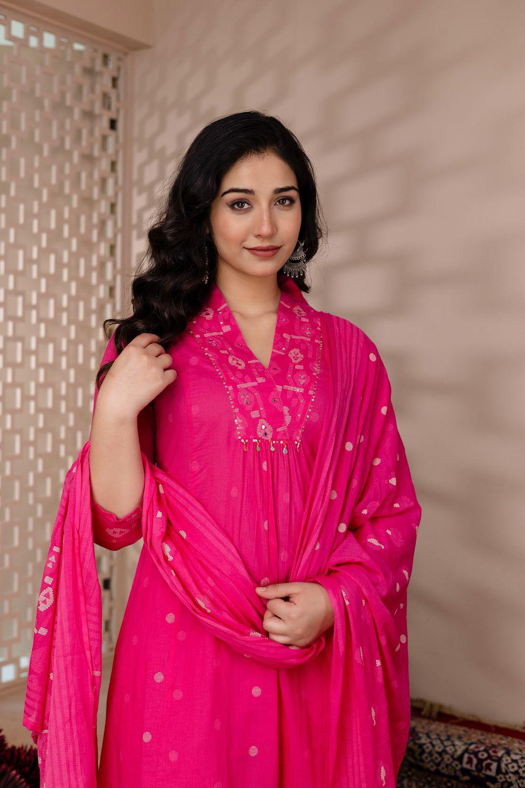 PURPLE AND PINK PRINT COTTON SUIT WITH DISIGNER PANT
