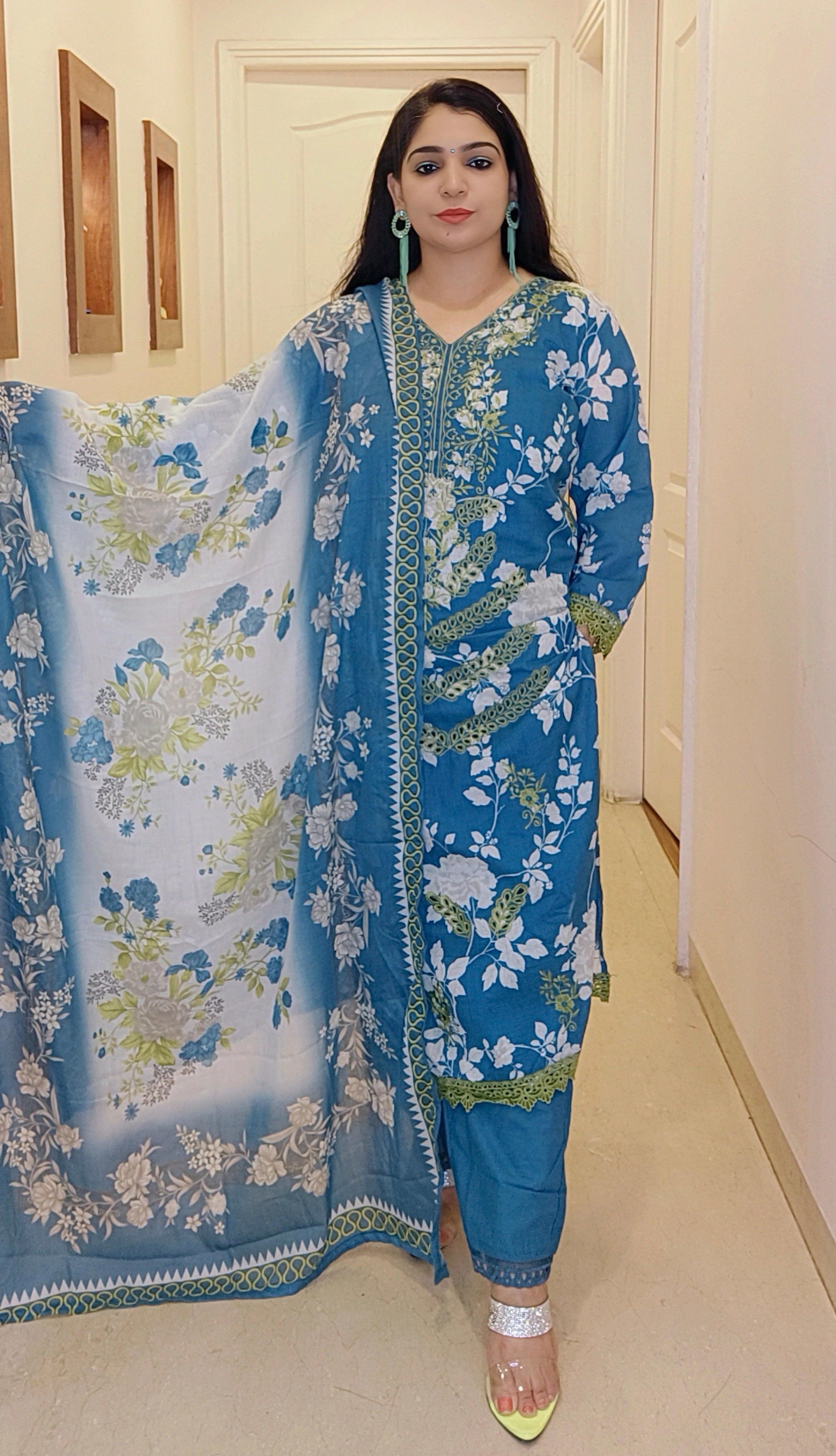 Blue designer cotton suit - RajsiPoshak