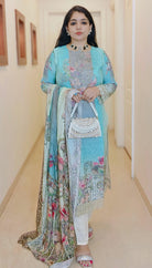 CYAN DIGITAL PRINTED PURE MUSLIN SUIT - RajsiPoshak