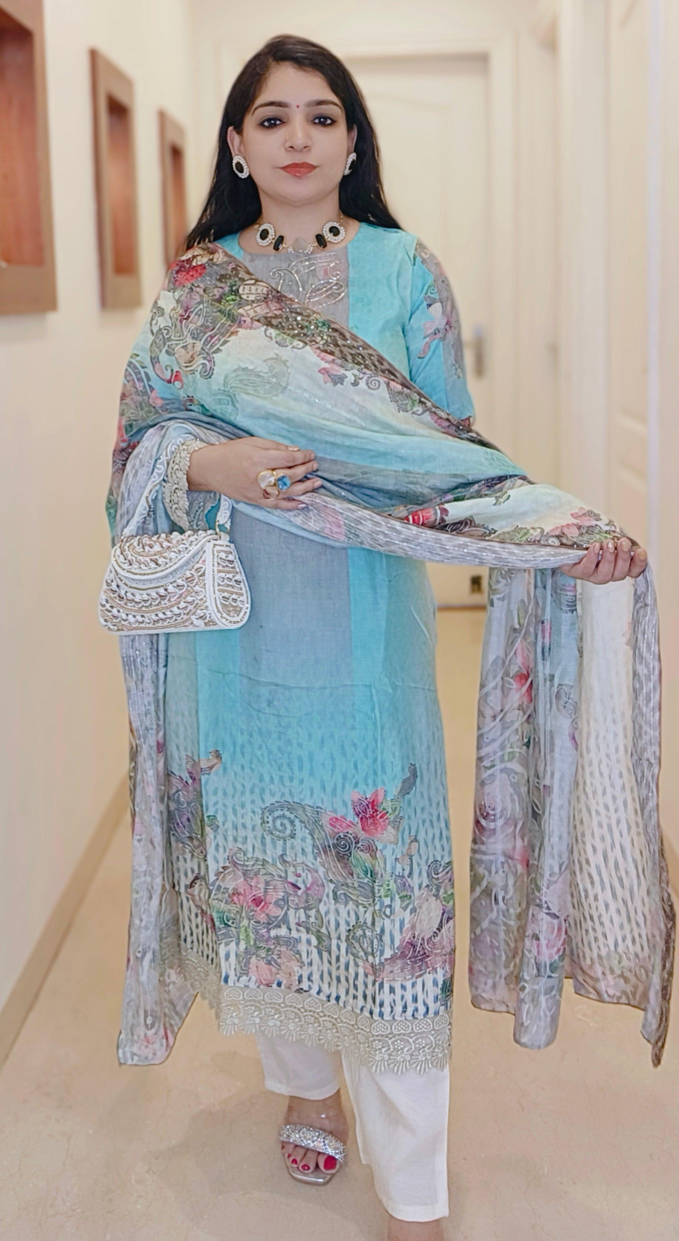 CYAN DIGITAL PRINTED PURE MUSLIN SUIT - RajsiPoshak